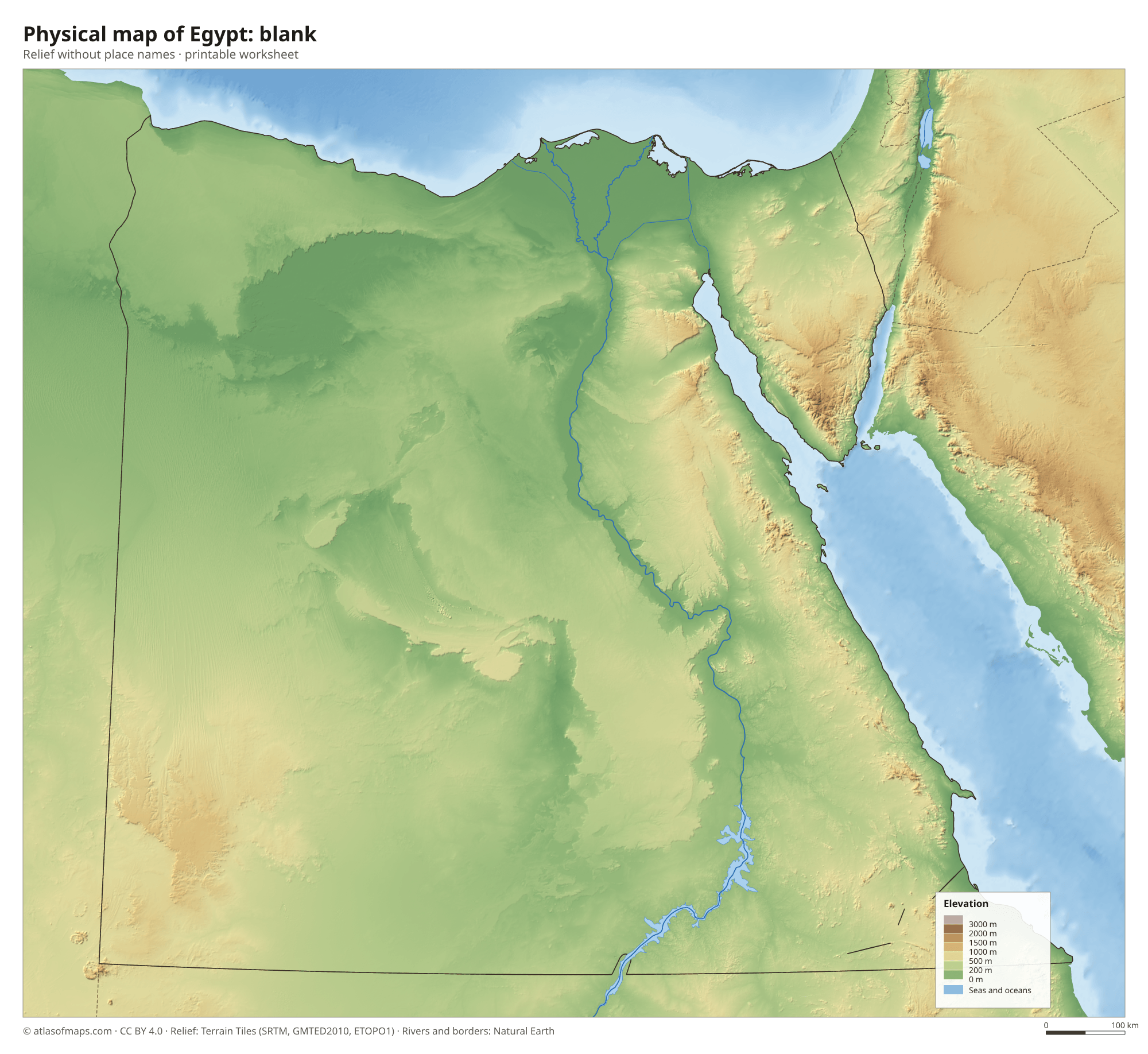Physical map of Egypt without names