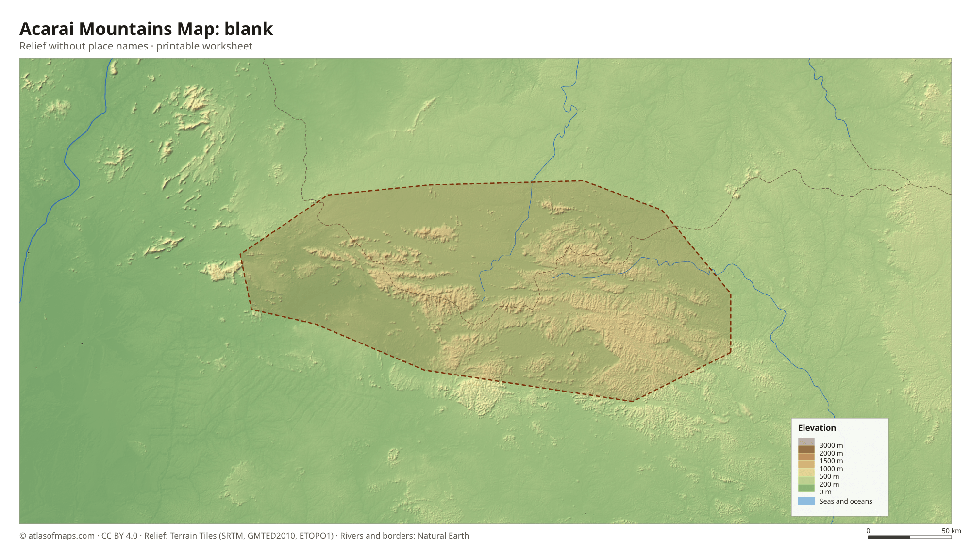 Acarai Mountains Map without names