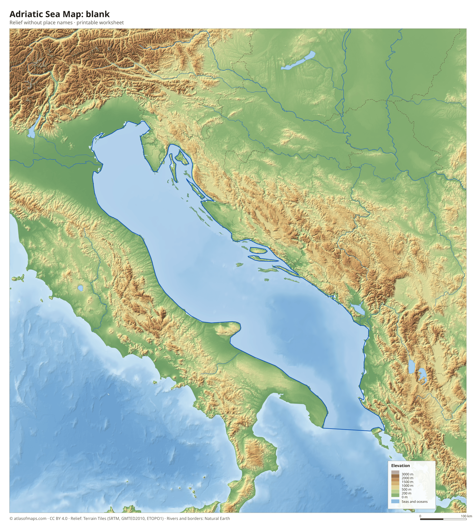Adriatic Sea Map without names