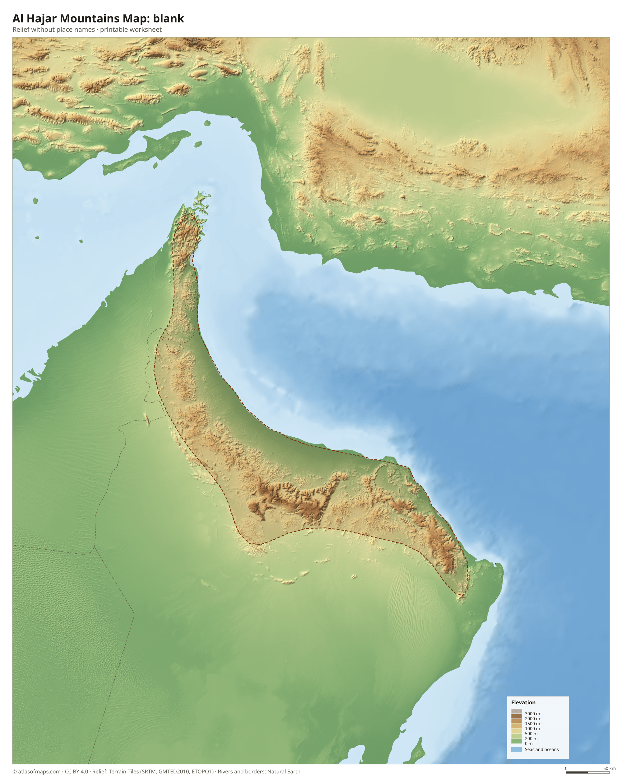 Al Hajar Mountains Map without names
