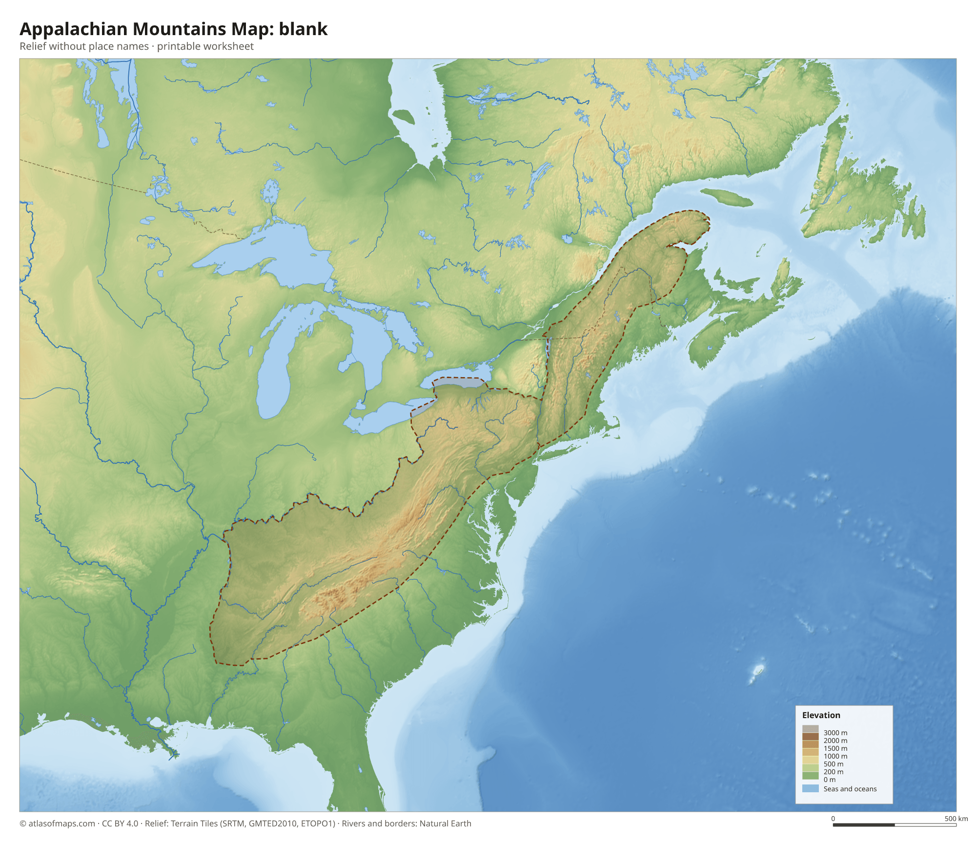 Appalachian Mountains Map without names