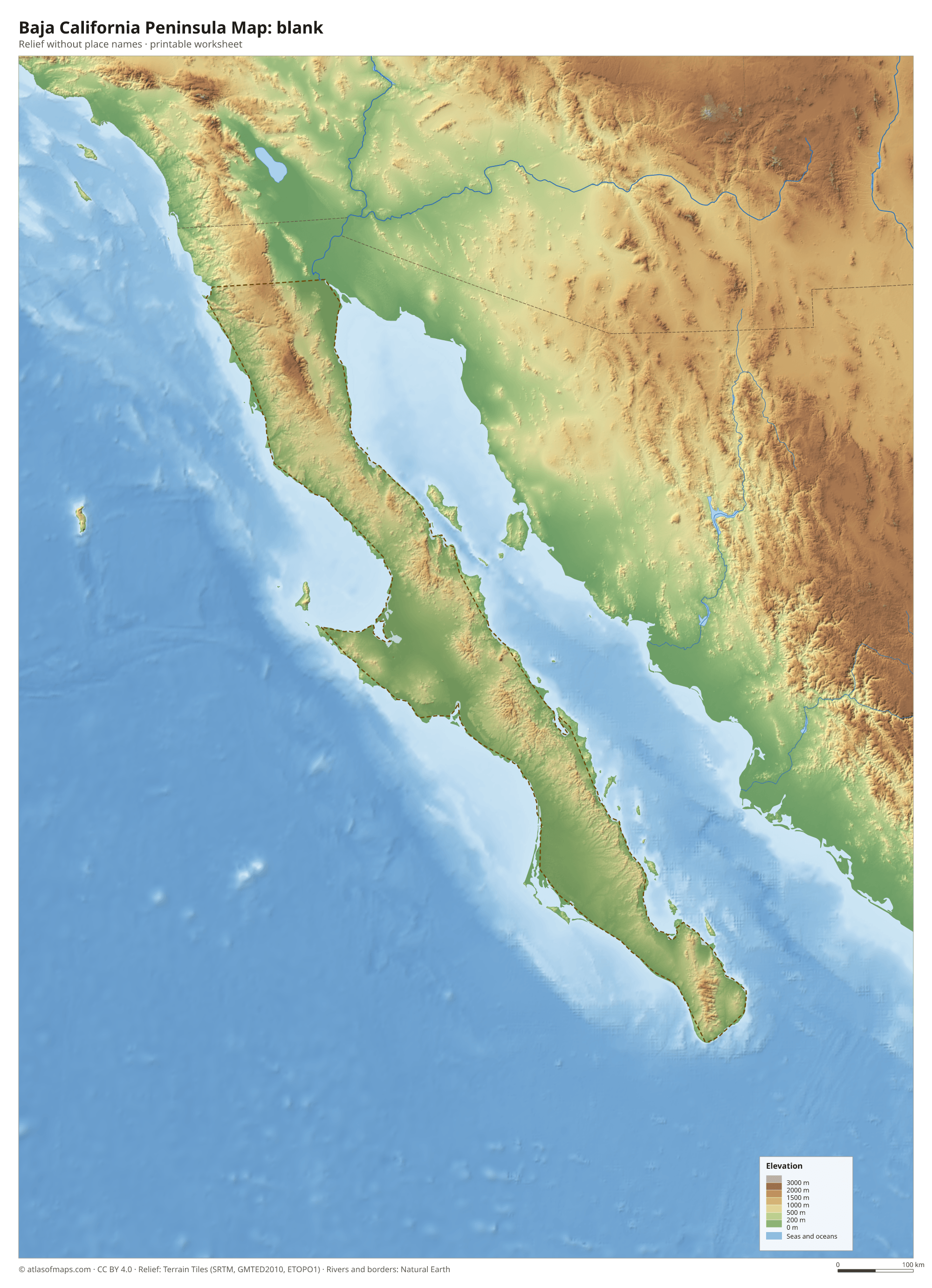 Baja California Peninsula Map without names