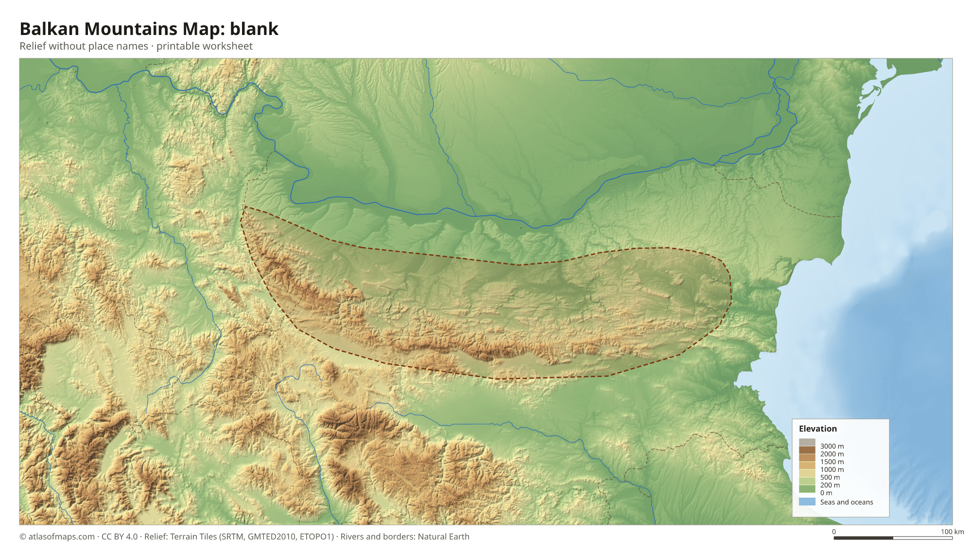 Balkan Mountains Map without names