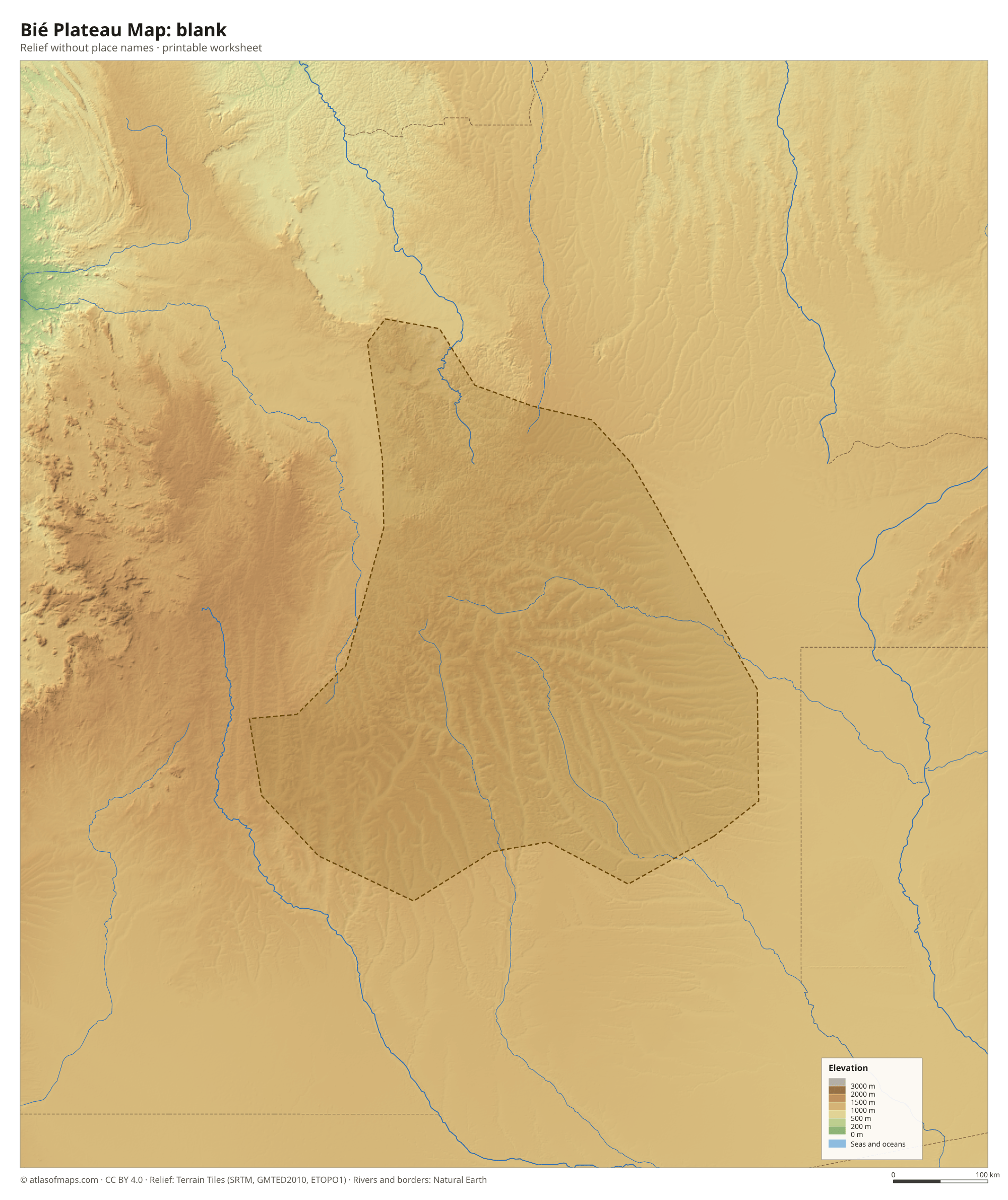 Bié Plateau Map without names