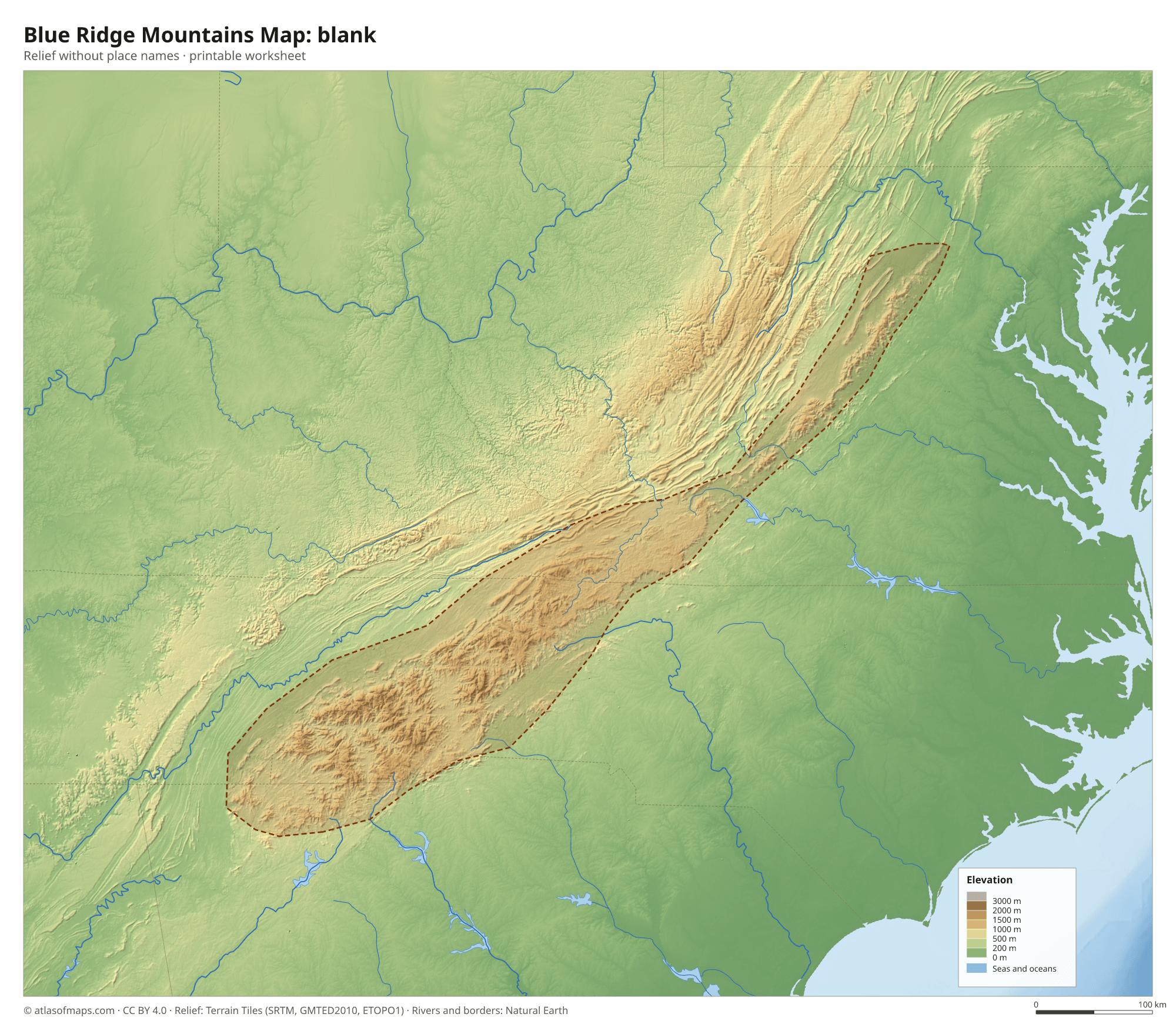 Blue Ridge Mountains Map without names