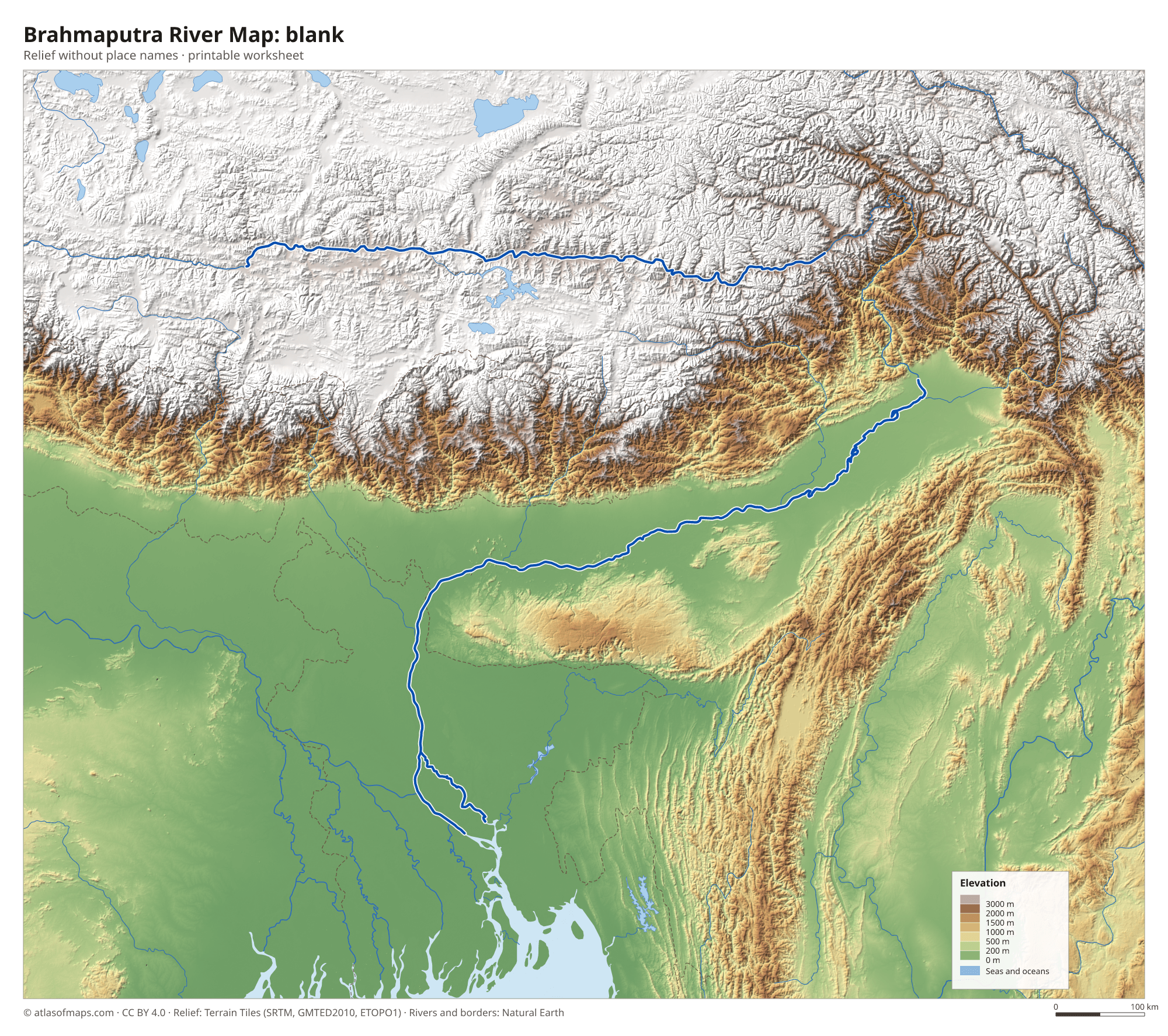 Brahmaputra River Map without names