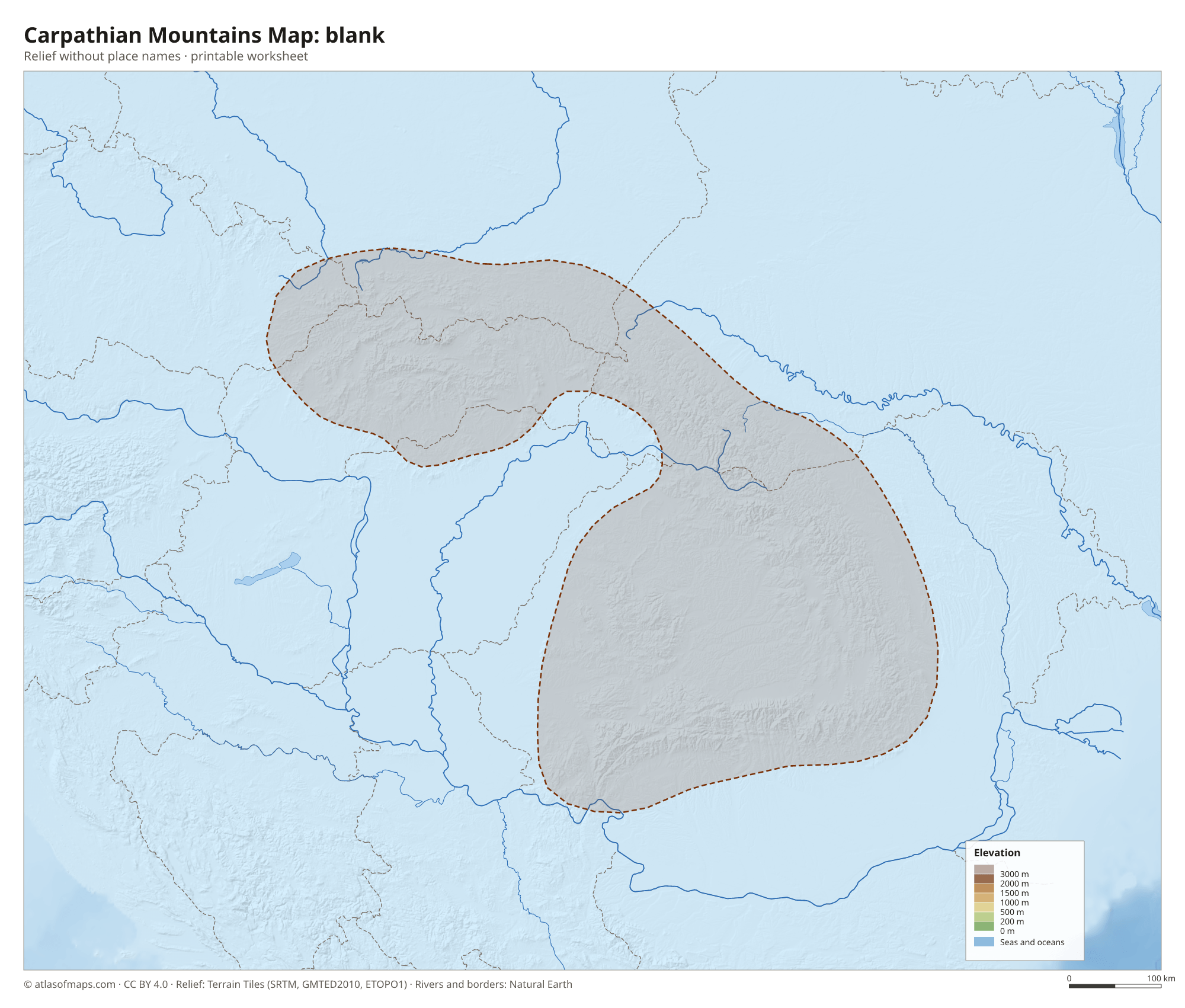 Carpathian Mountains Map without names