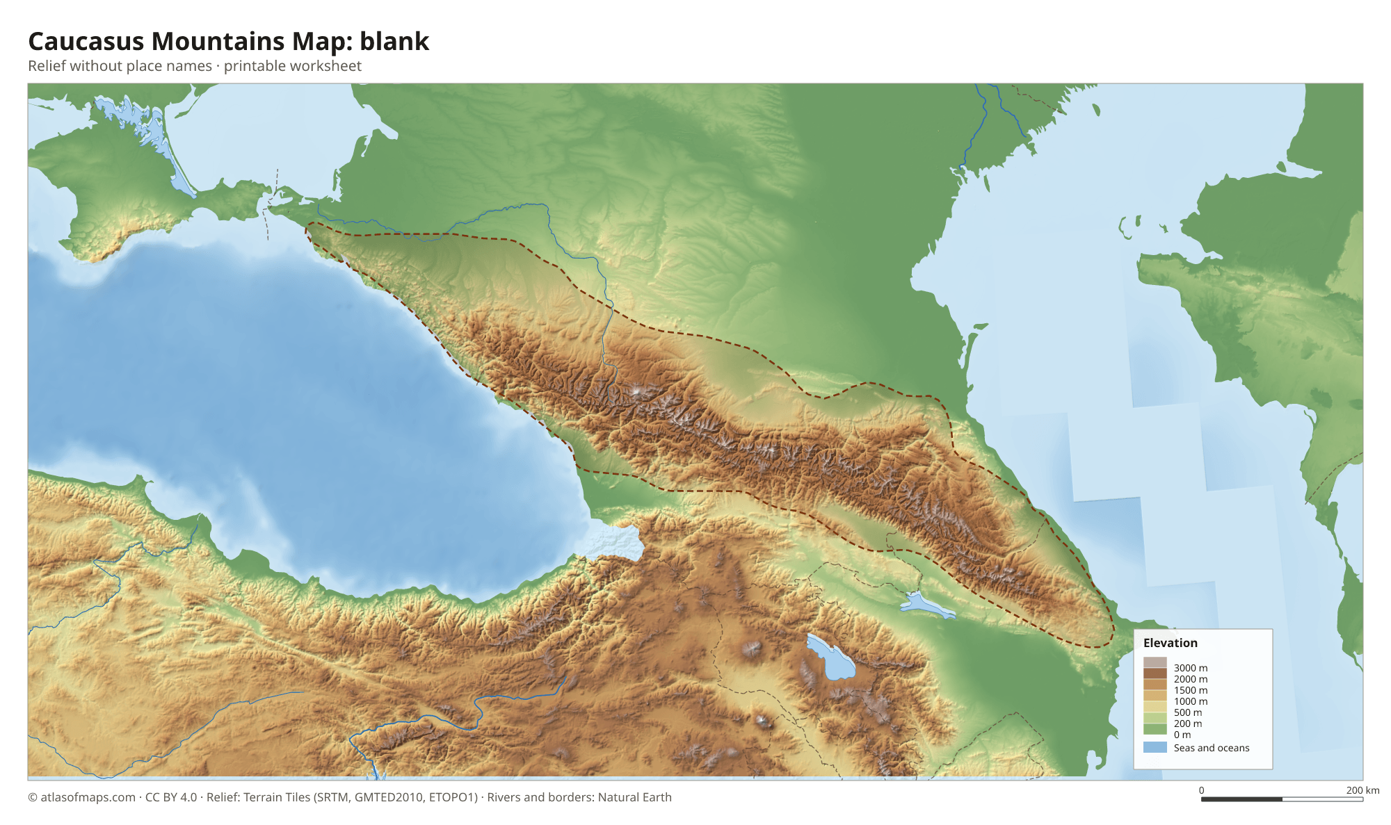 Caucasus Mountains Map without names