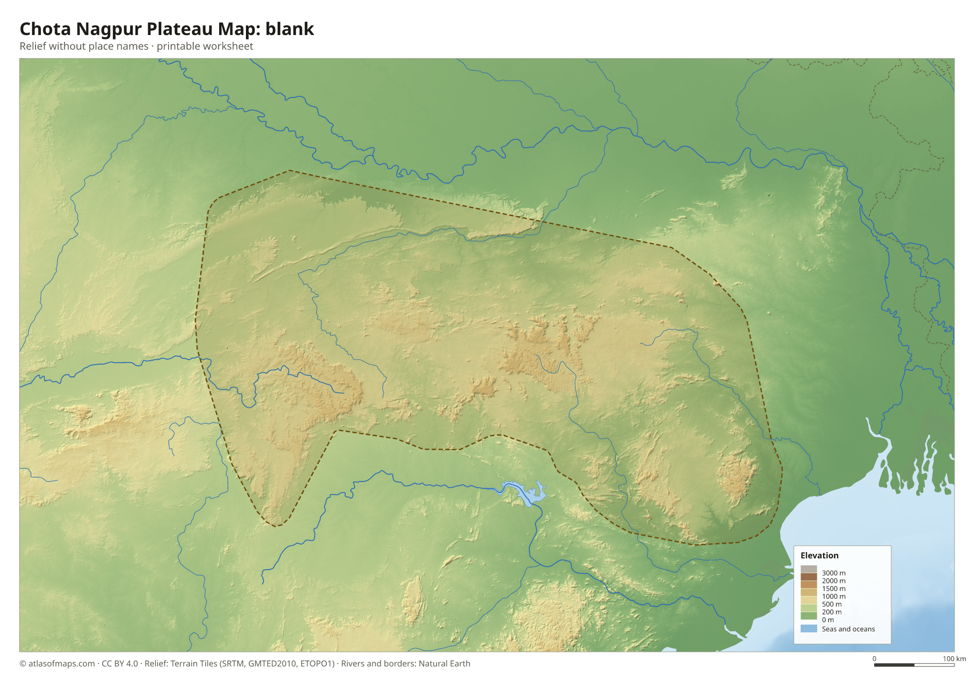 Chota Nagpur Plateau Map without names