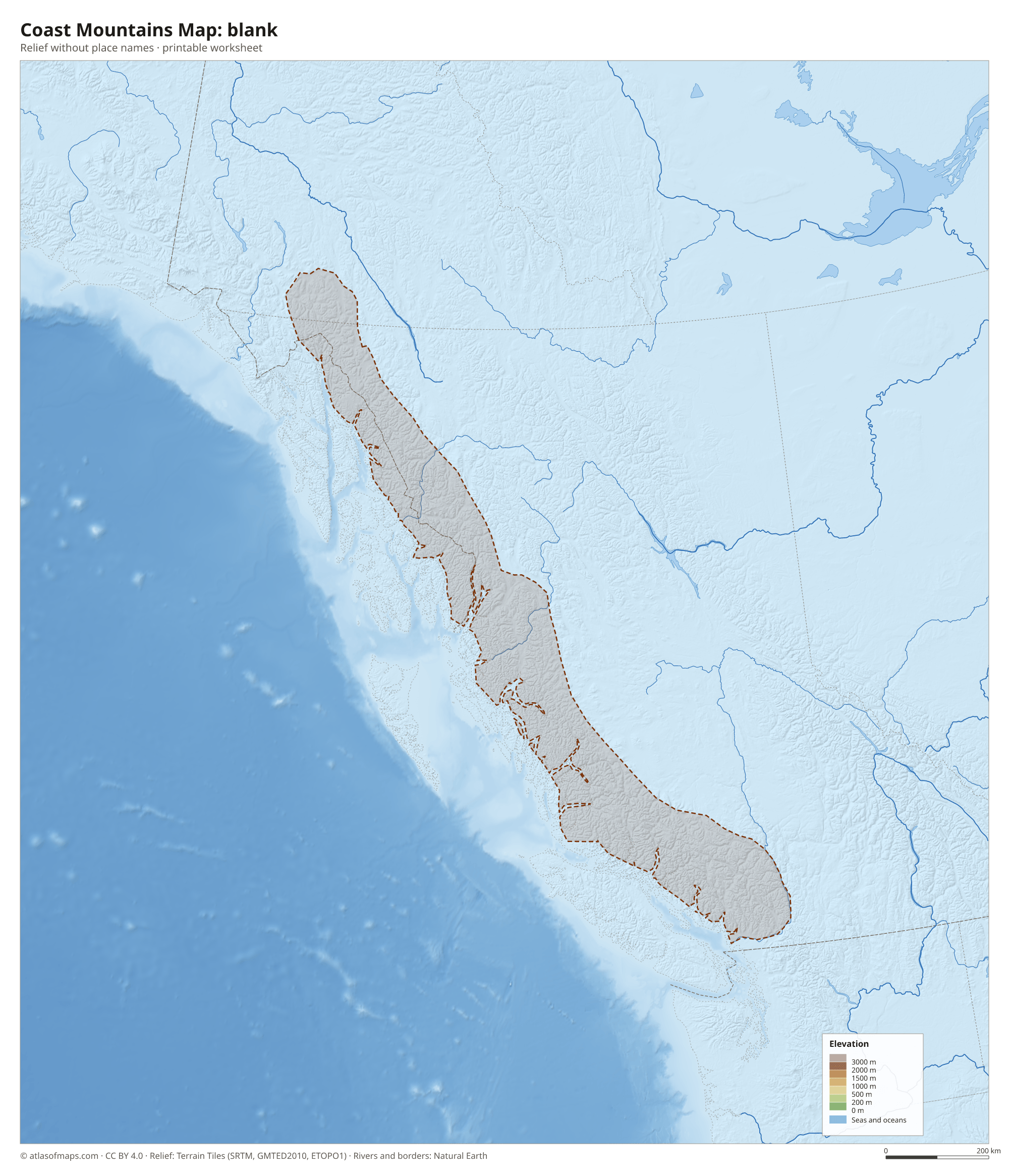 Coast Mountains Map without names