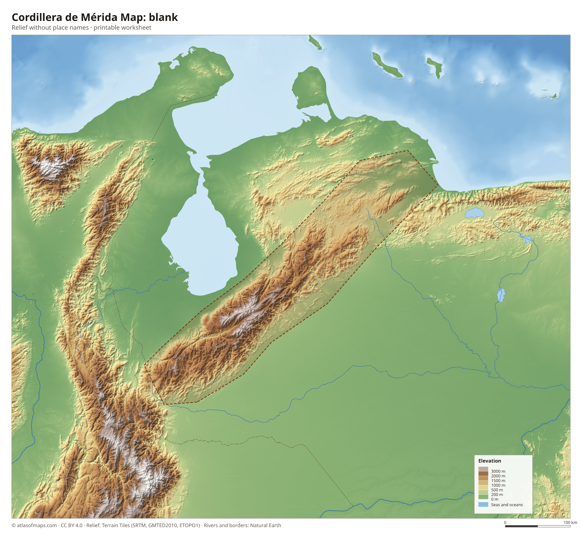 Cordillera de Mérida Map without names