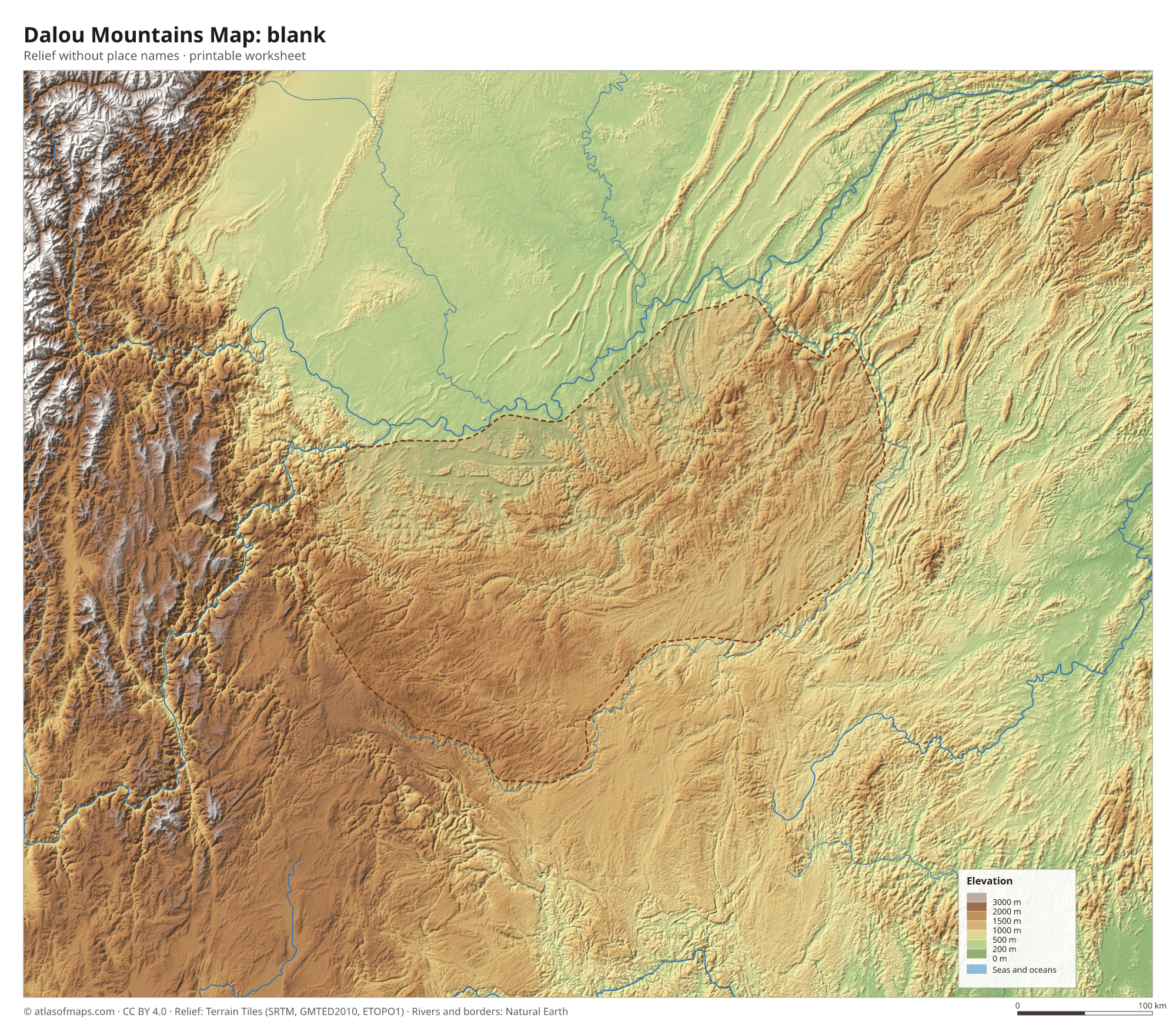 Dalou Mountains Map without names