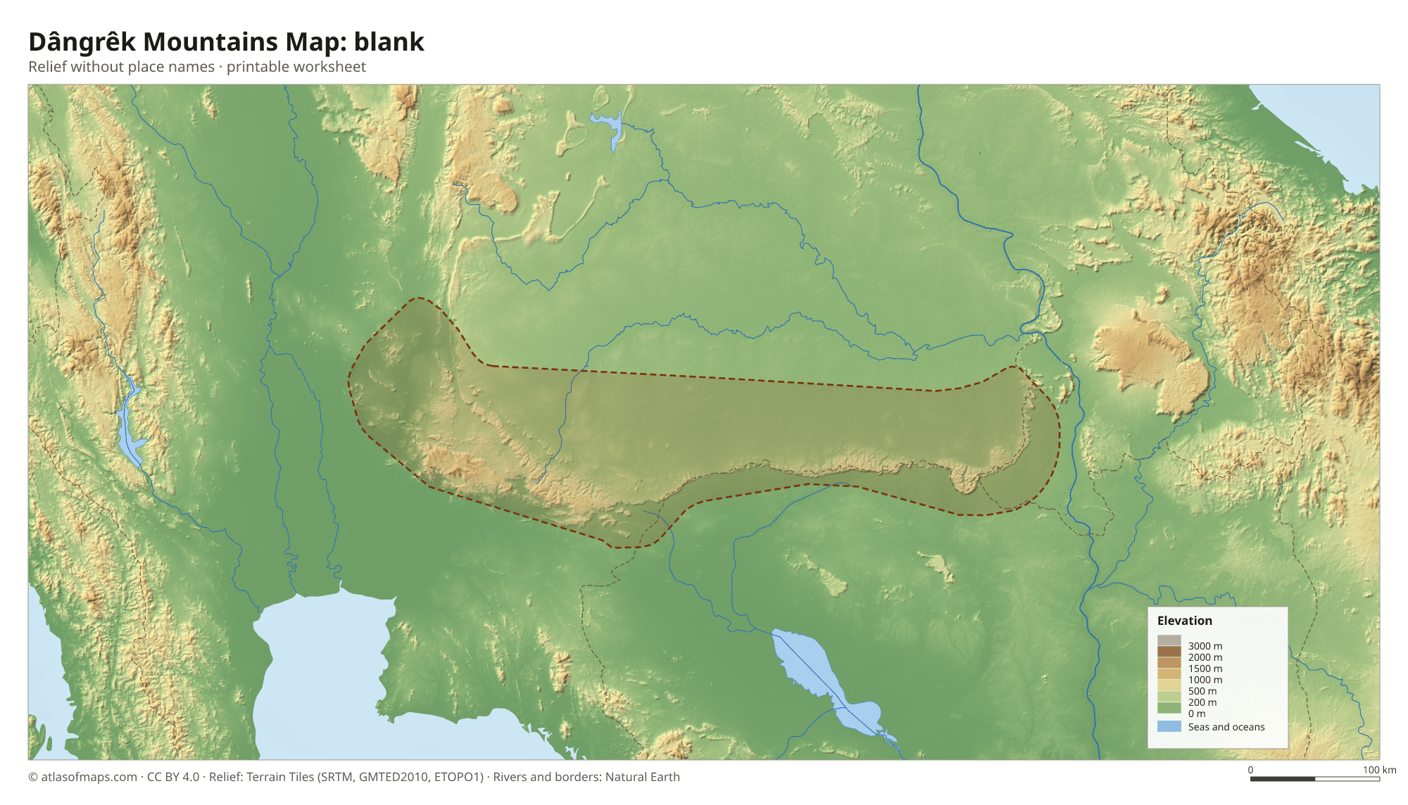 Dângrêk Mountains Map without names