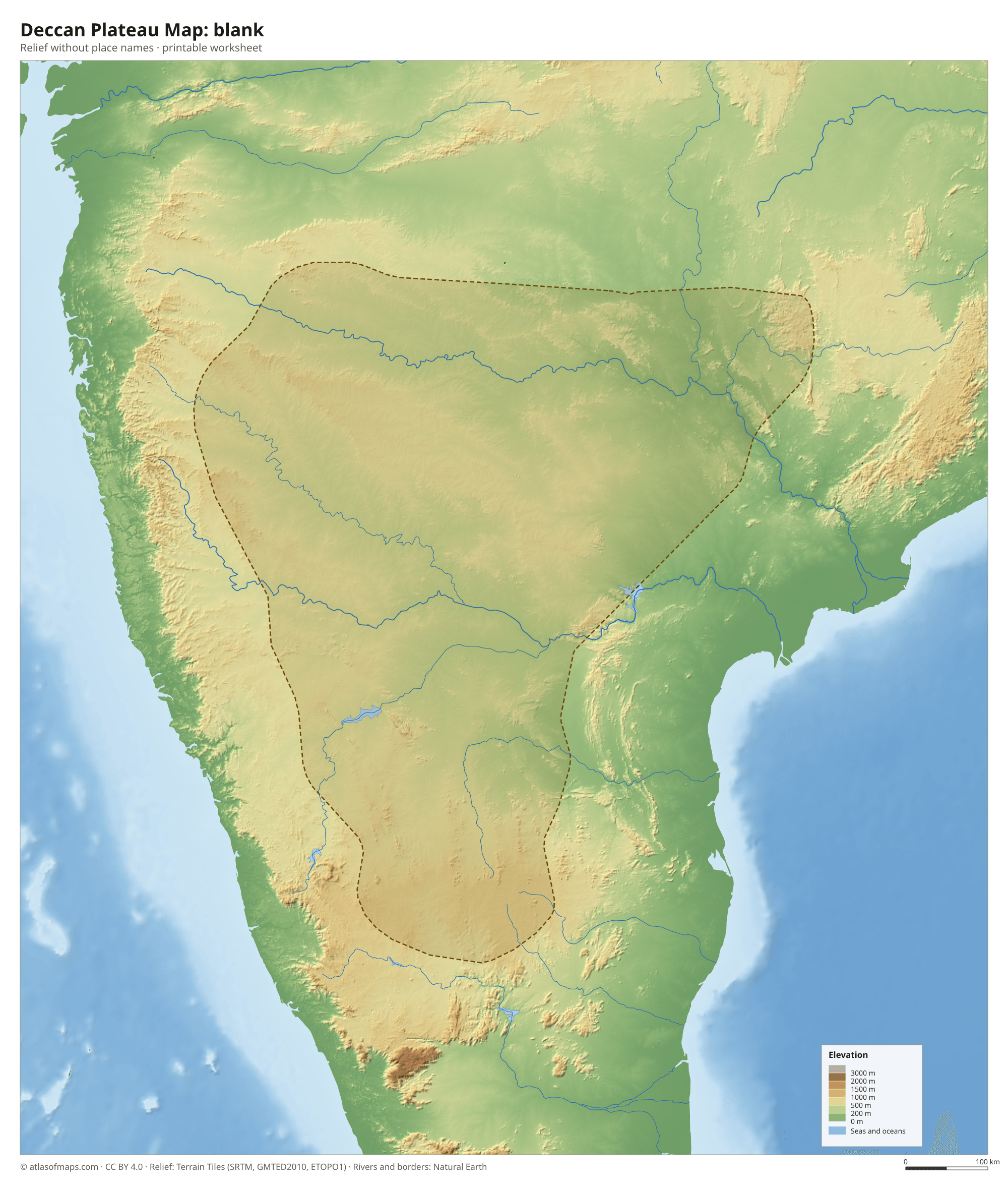 Deccan Plateau Map without names