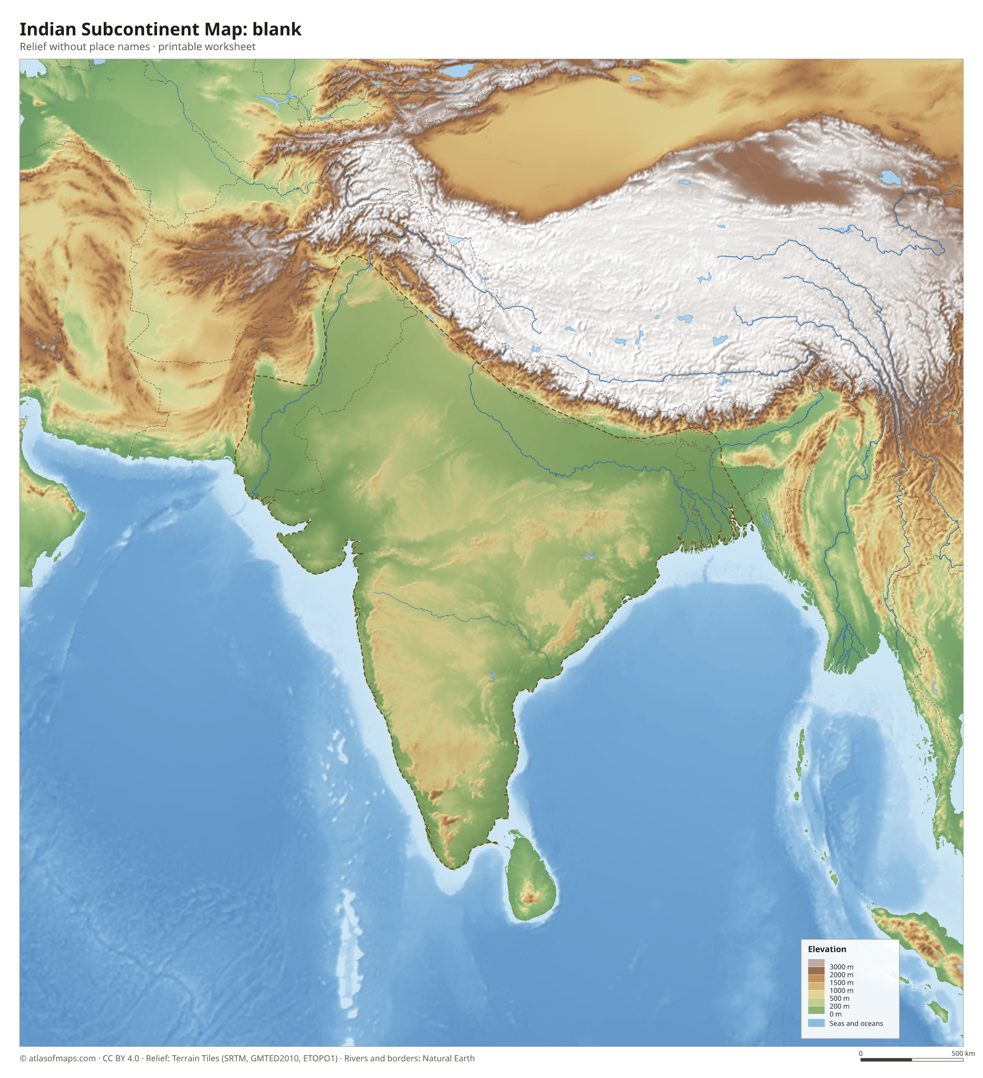 Indian Subcontinent Map without names