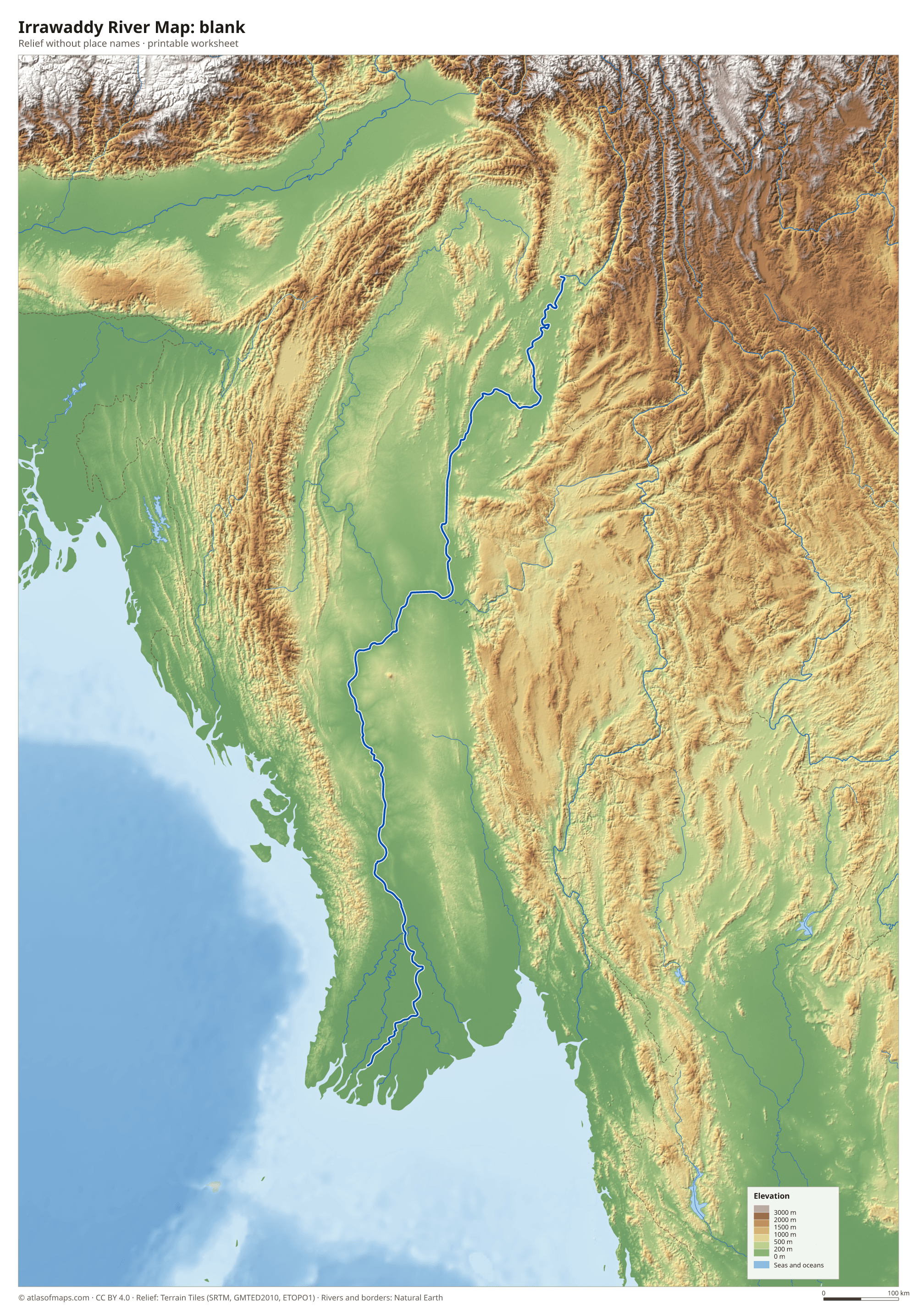 Irrawaddy River Map without names