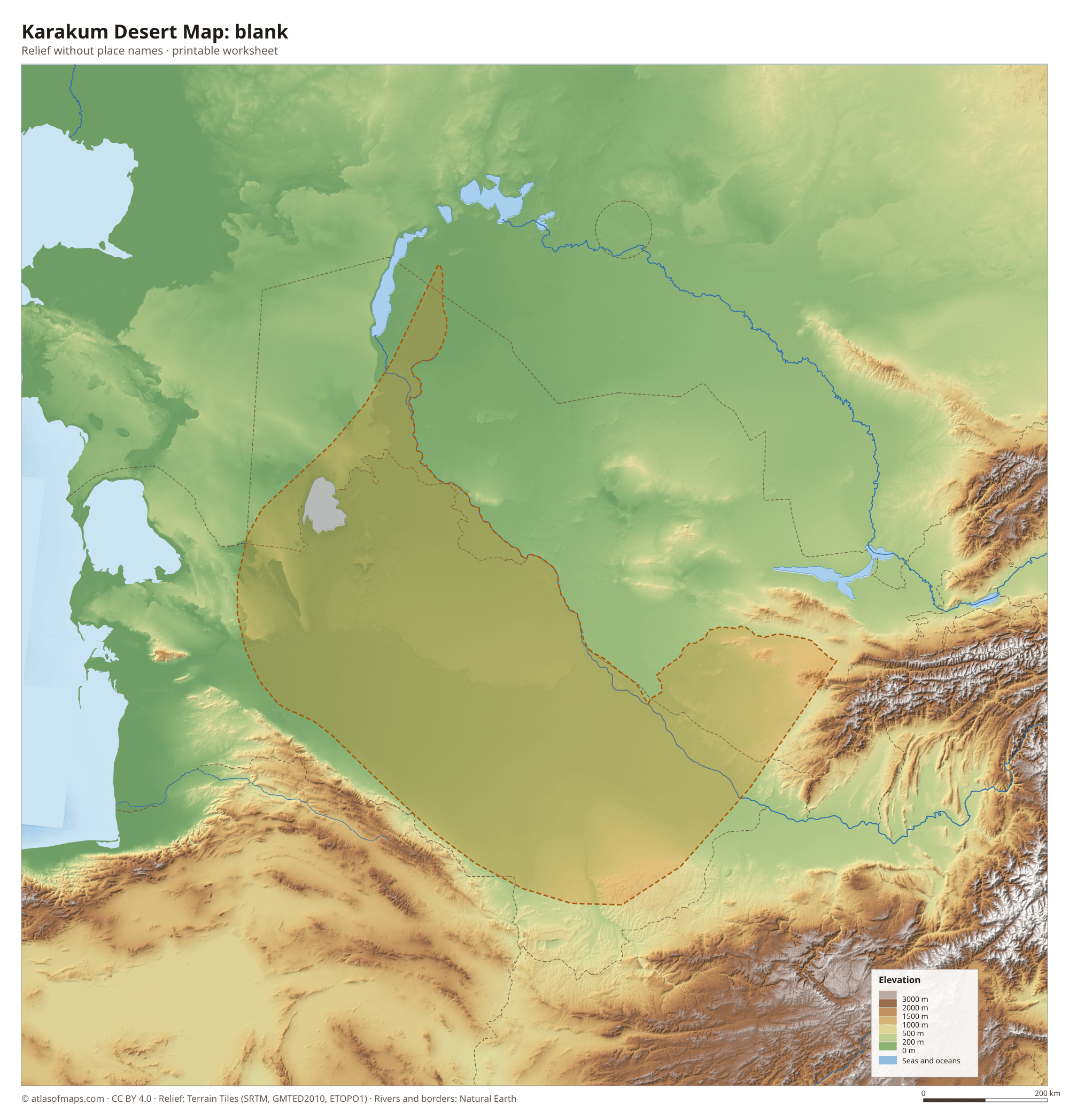 Karakum Desert Map without names
