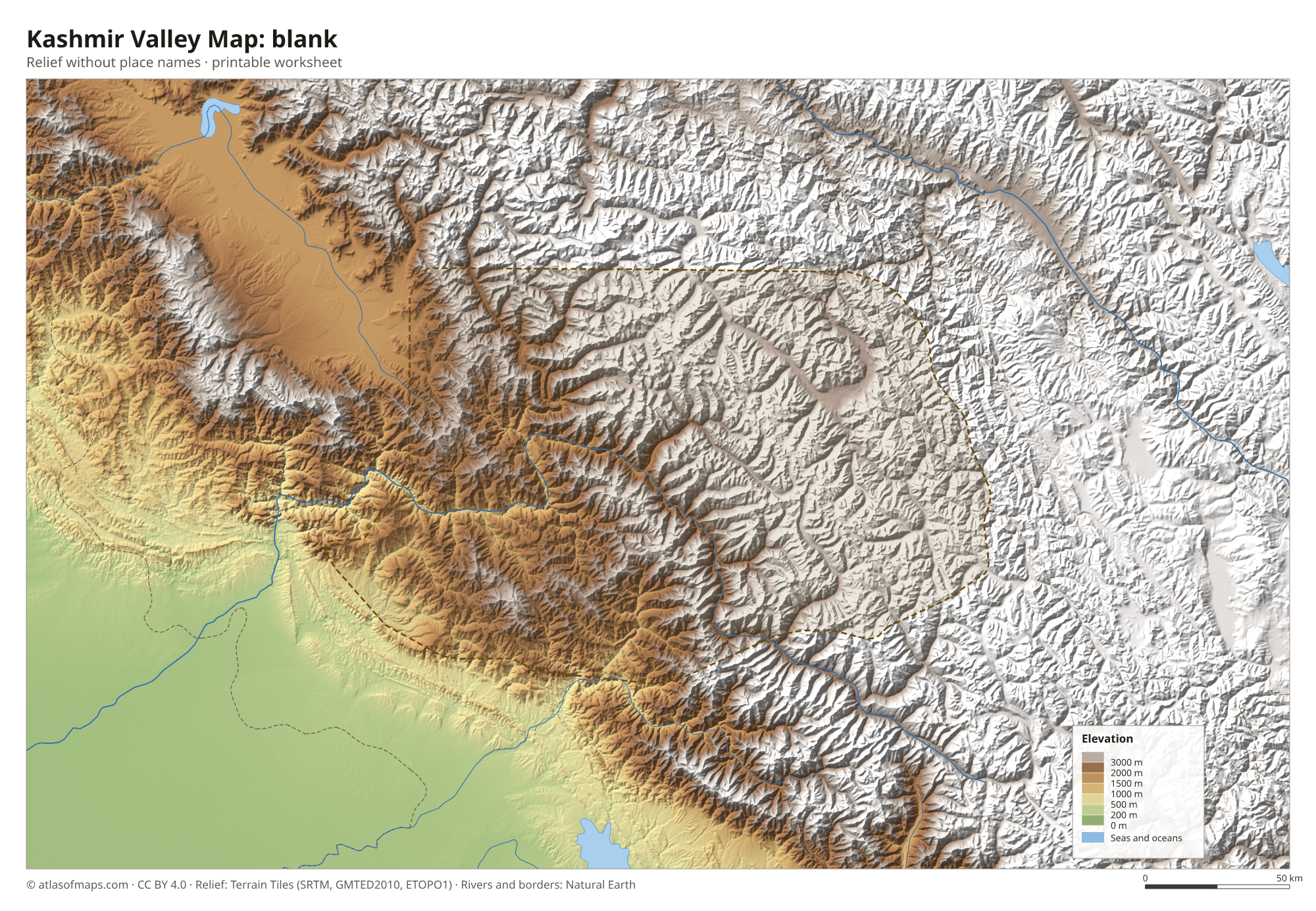 Kashmir Valley Map without names