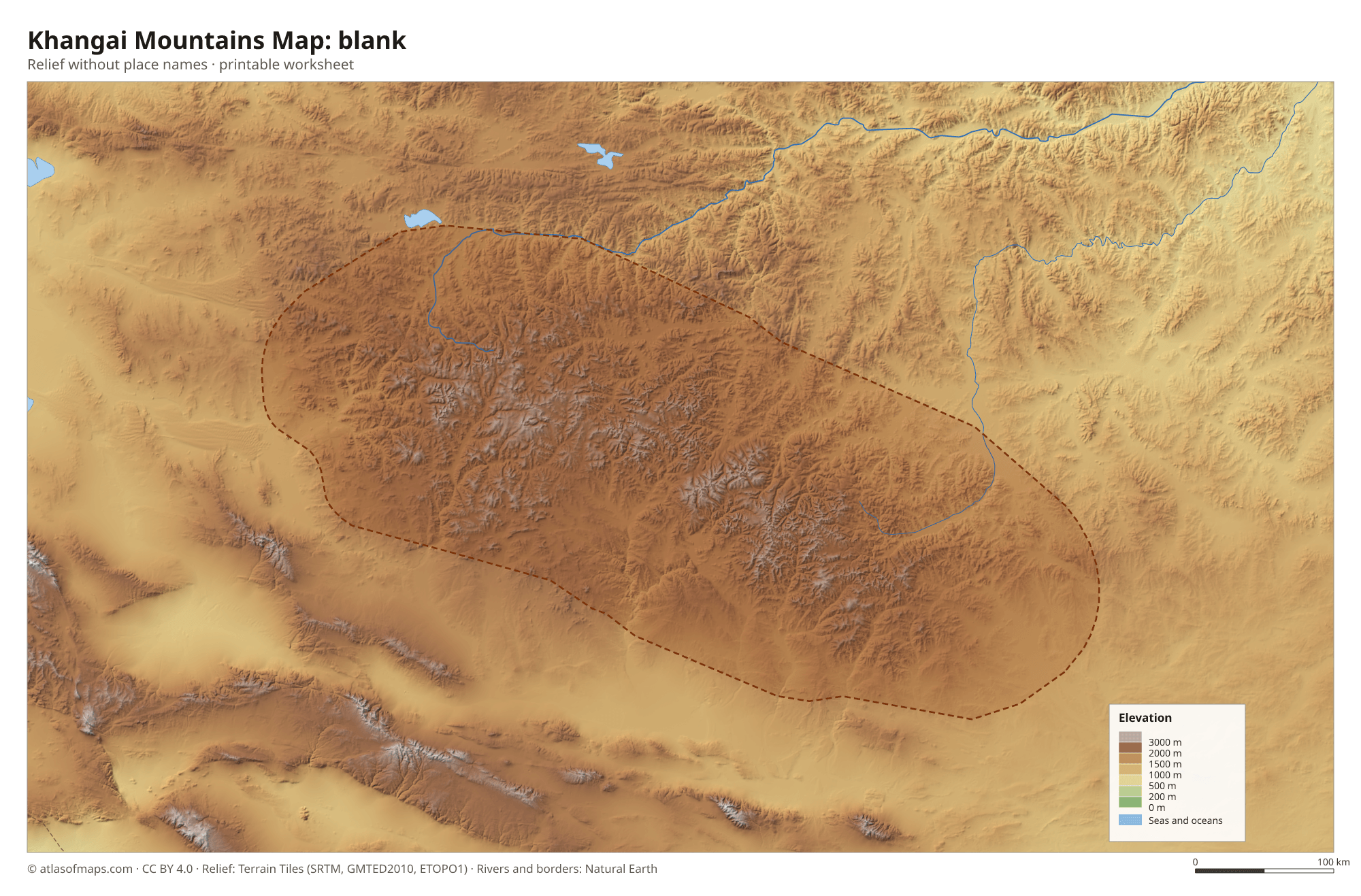Khangai Mountains Map without names