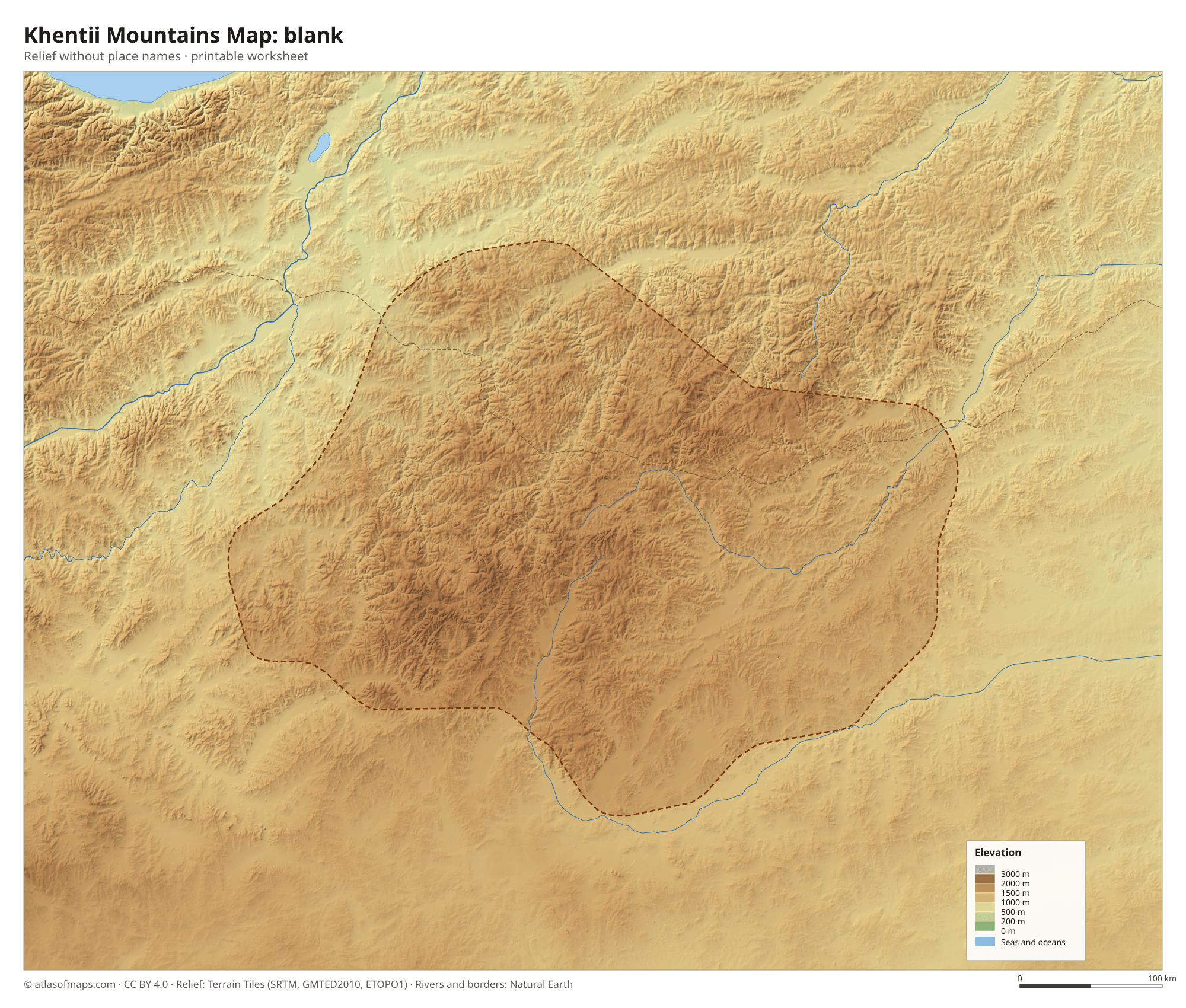 Khentii Mountains Map without names