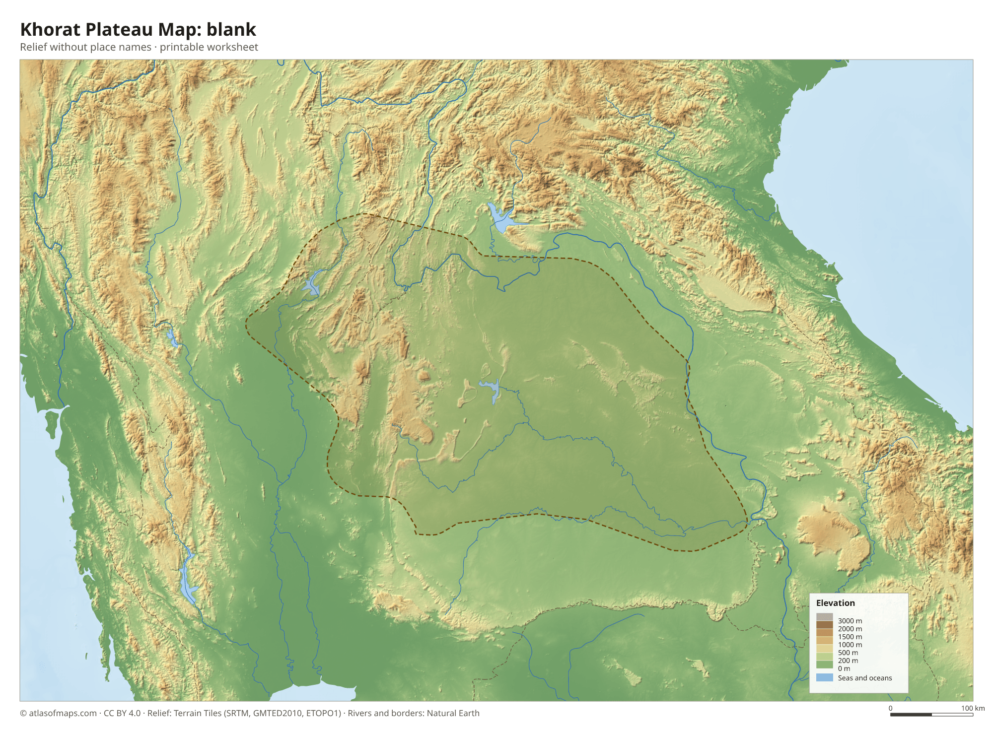 Khorat Plateau Map without names