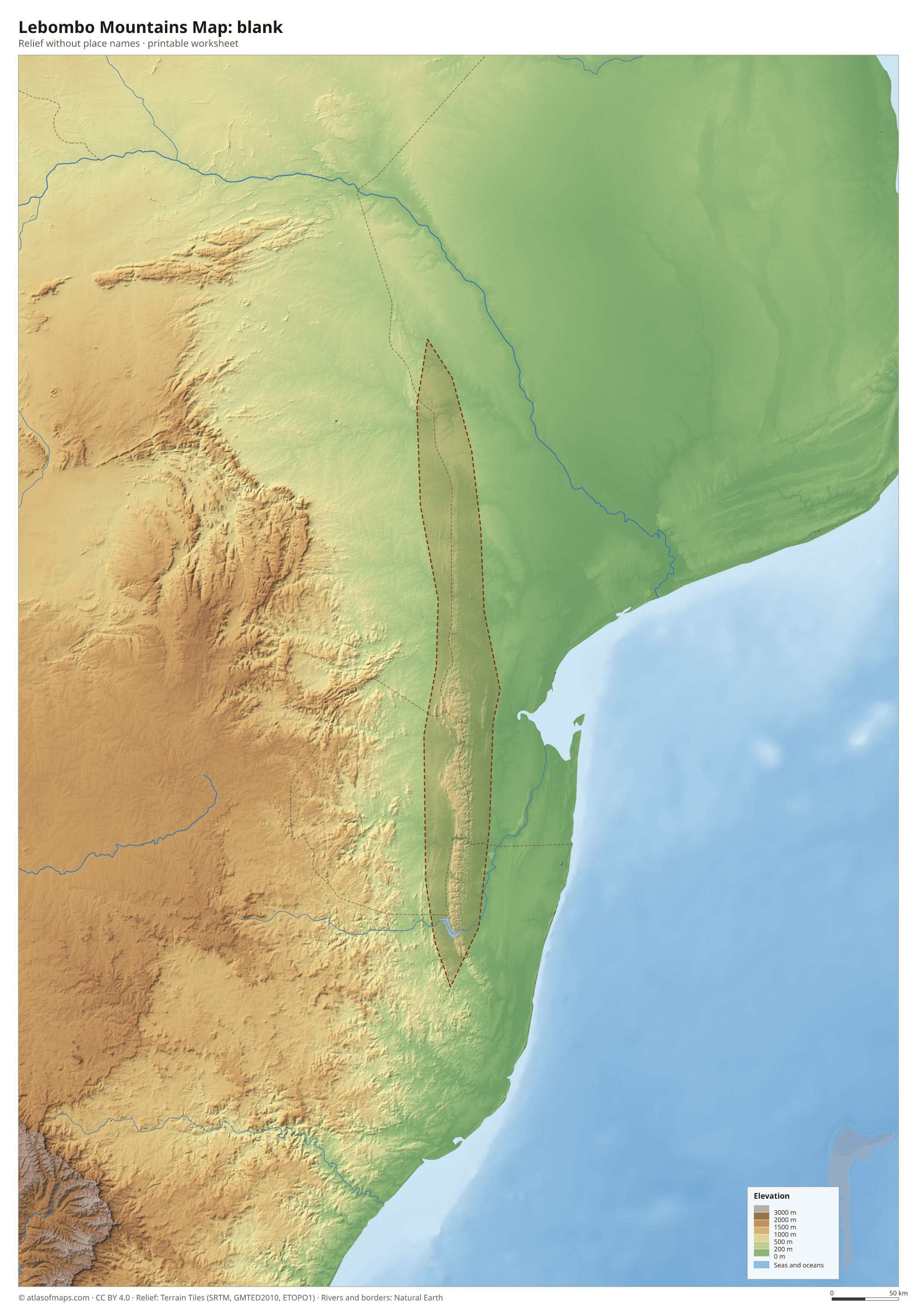 Lebombo Mountains Map without names