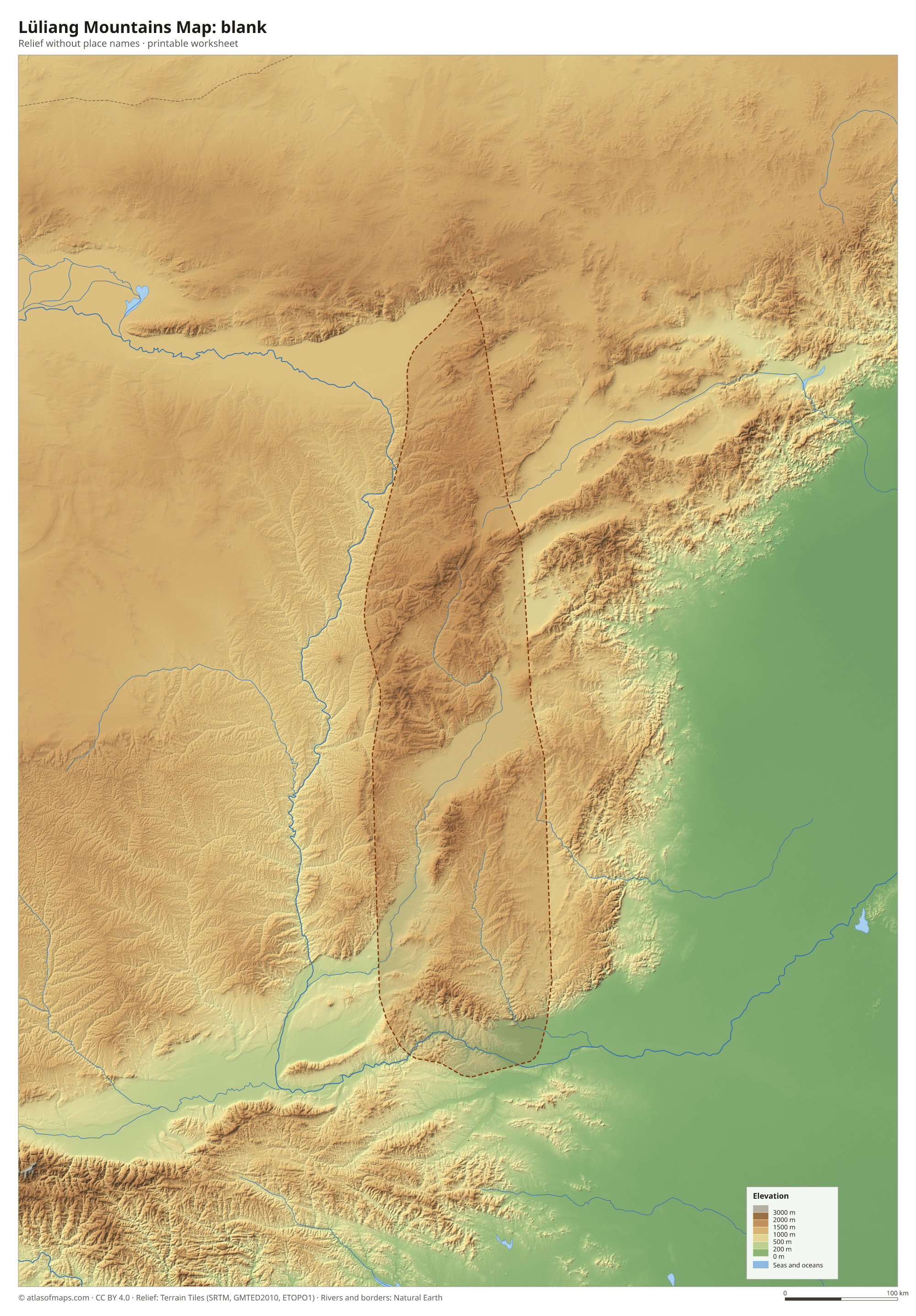 Lüliang Mountains Map without names