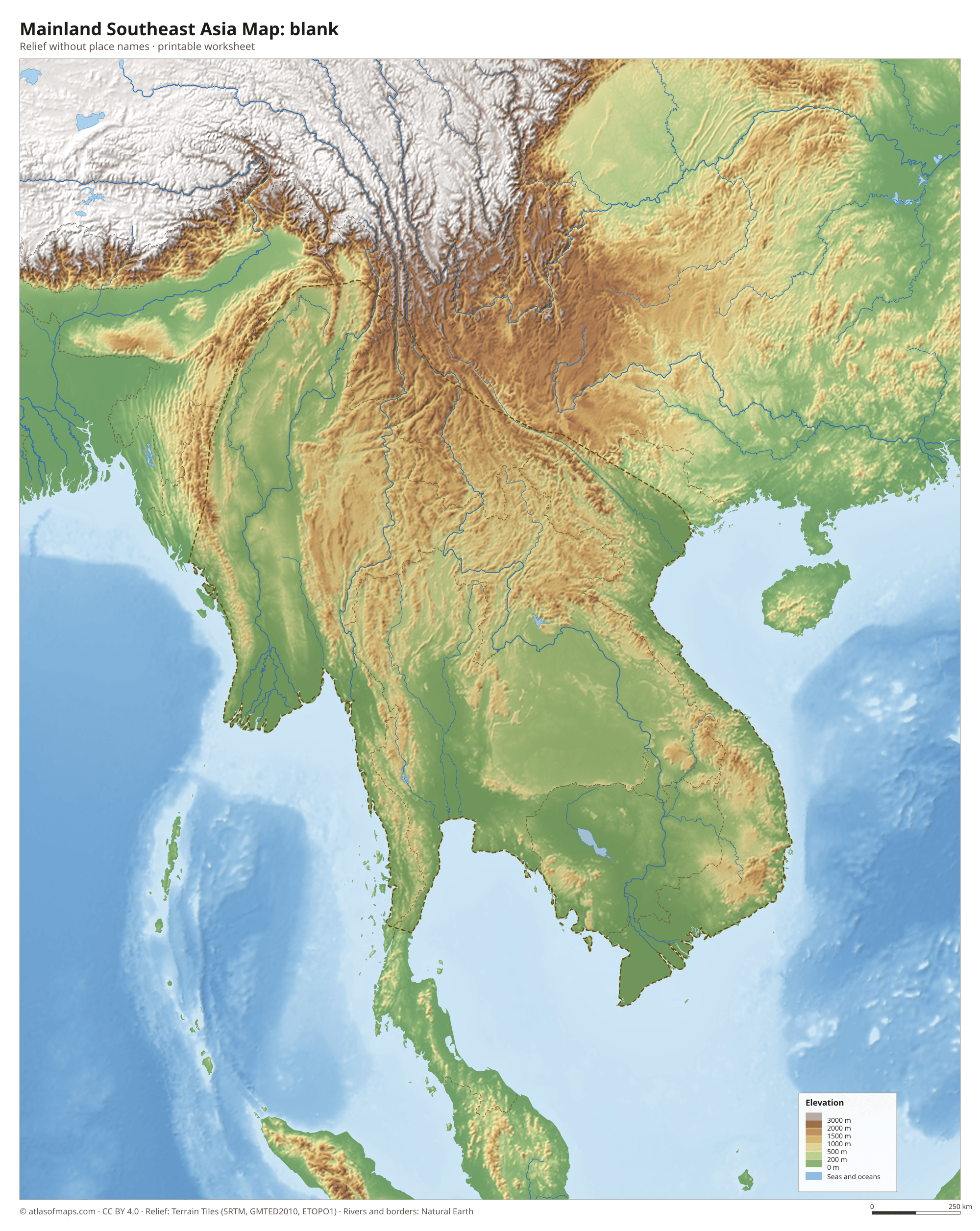 Mainland Southeast Asia Map without names