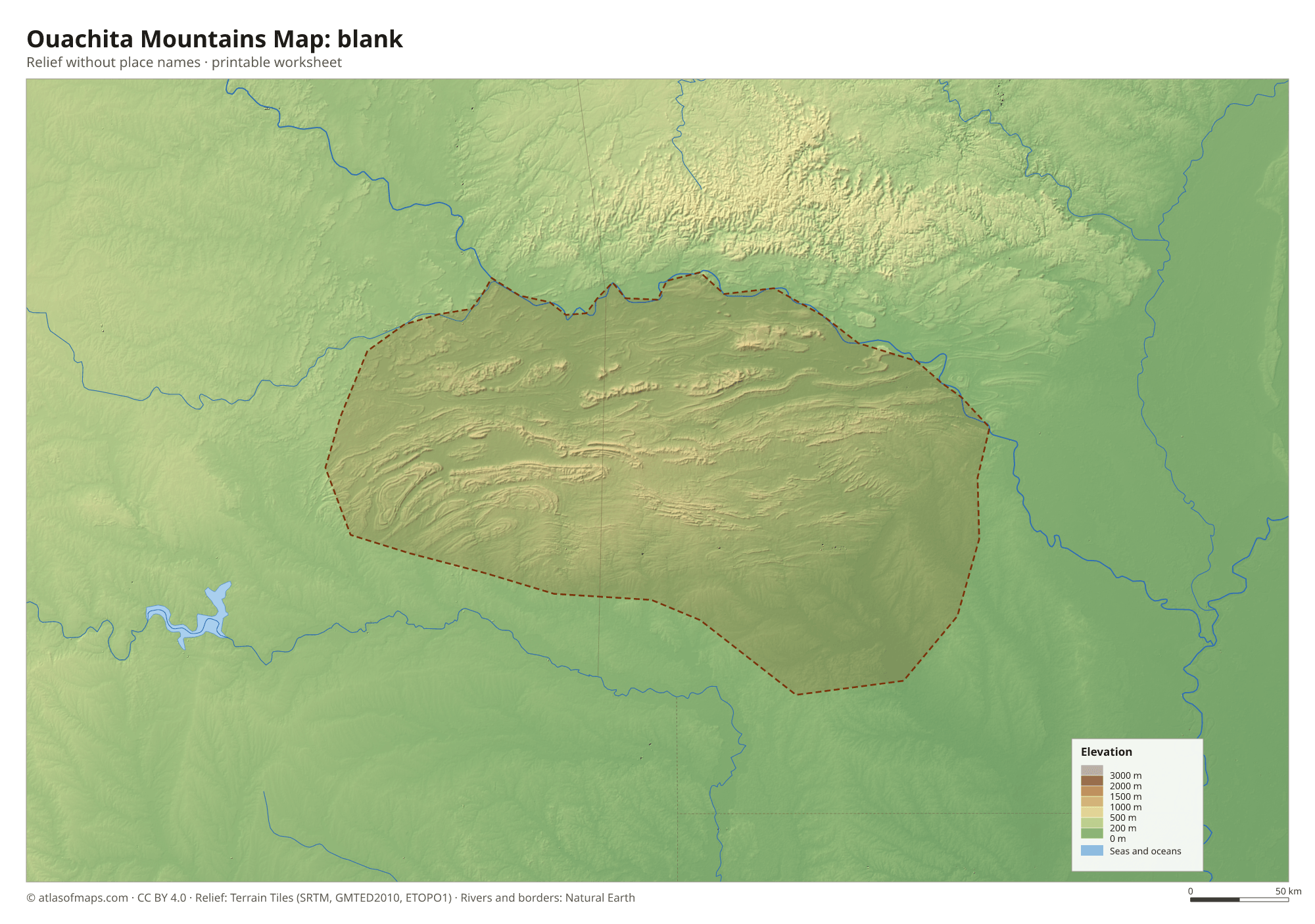 Ouachita Mountains Map without names