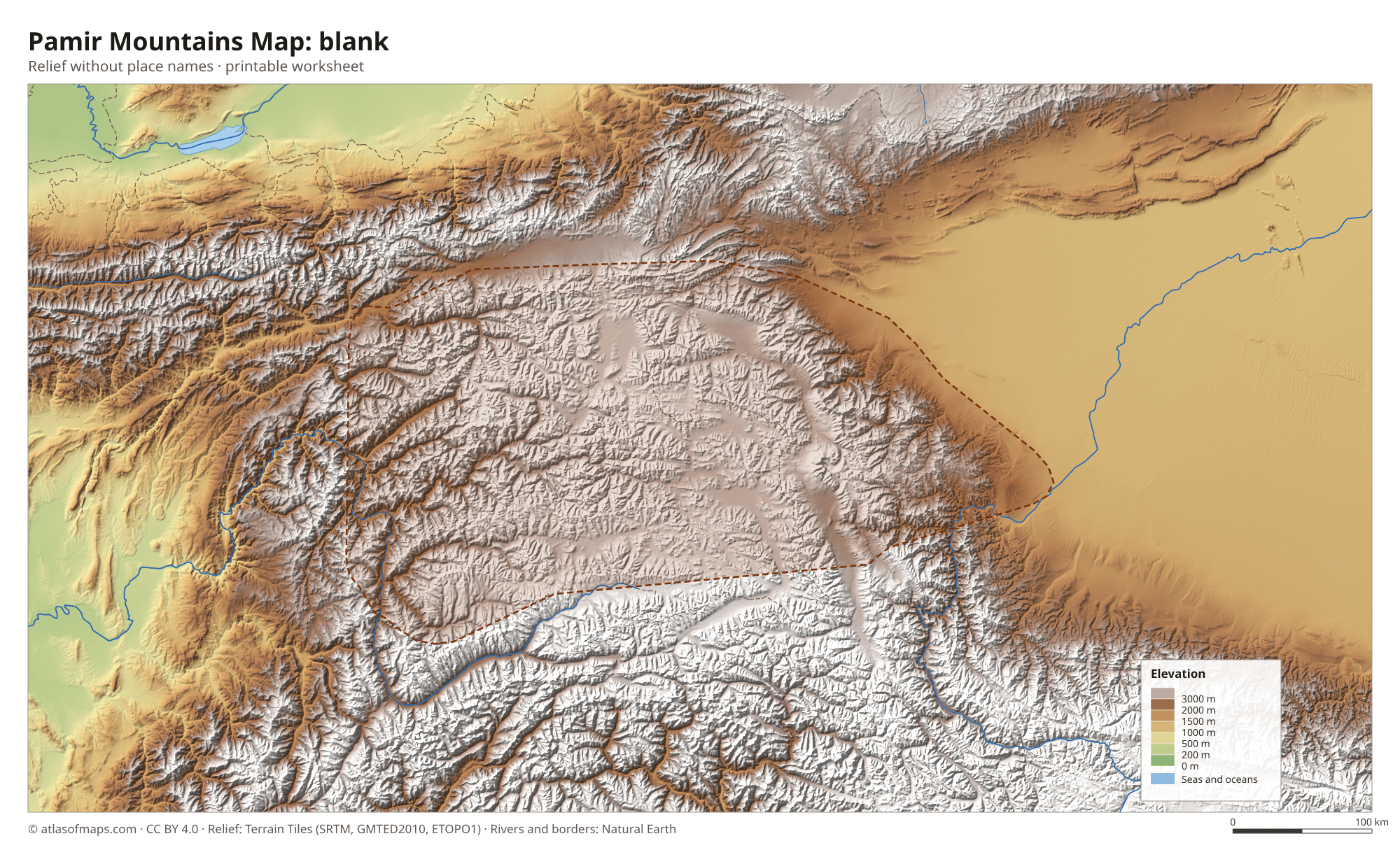 Pamir Mountains Map without names