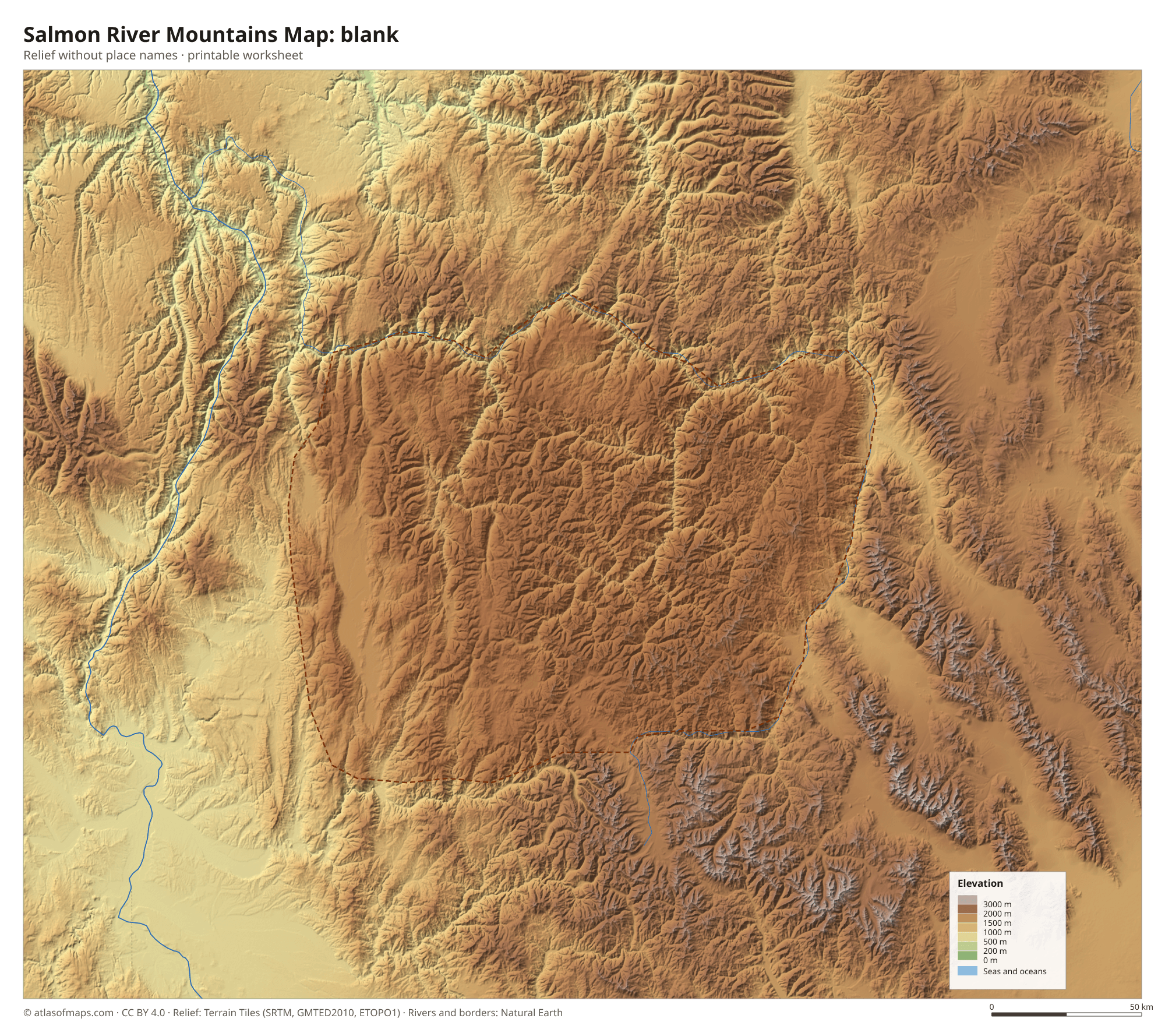 Salmon River Mountains Map without names