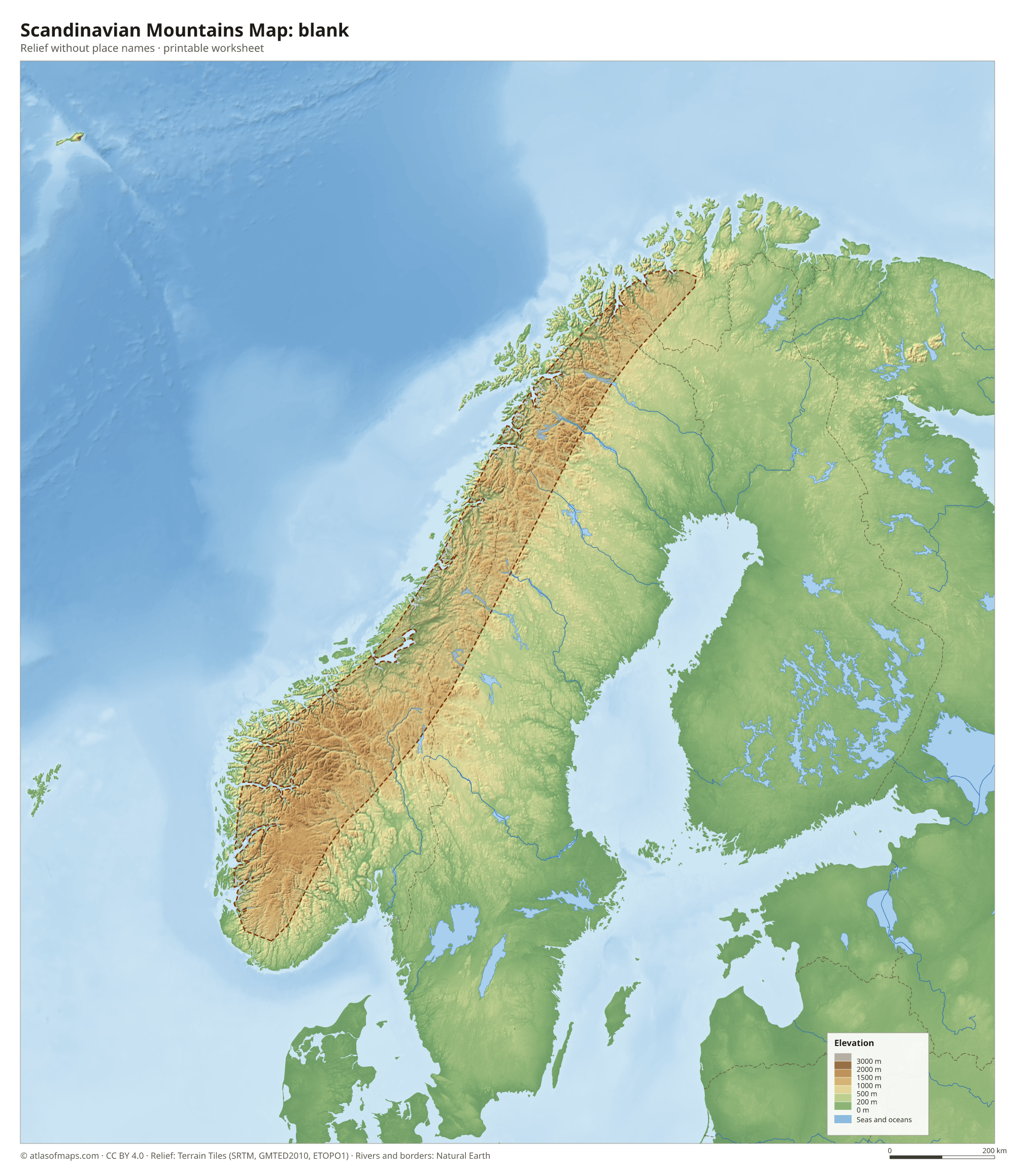 Scandinavian Mountains Map without names