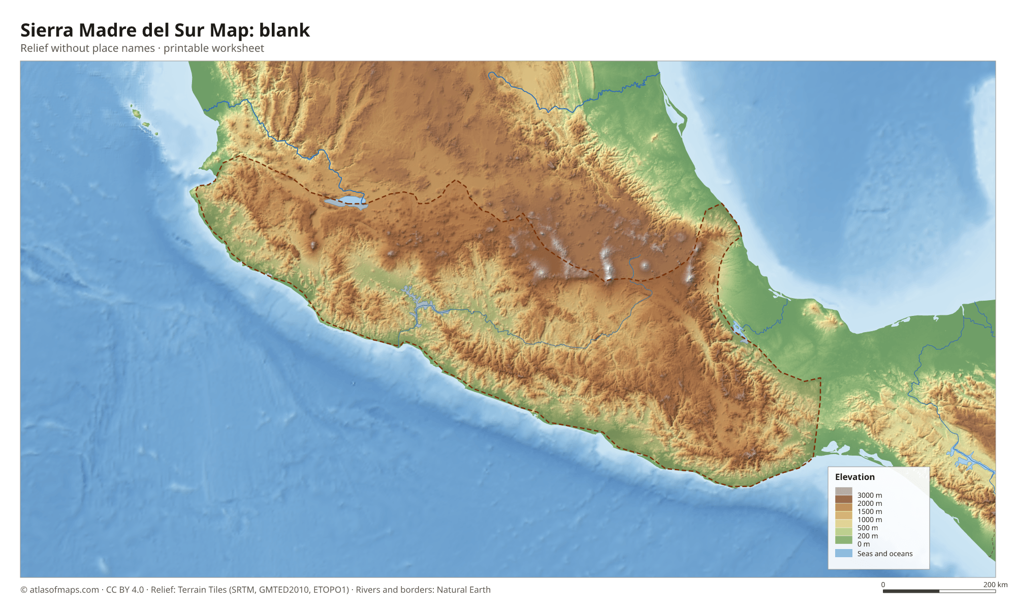 Sierra Madre del Sur Map without names
