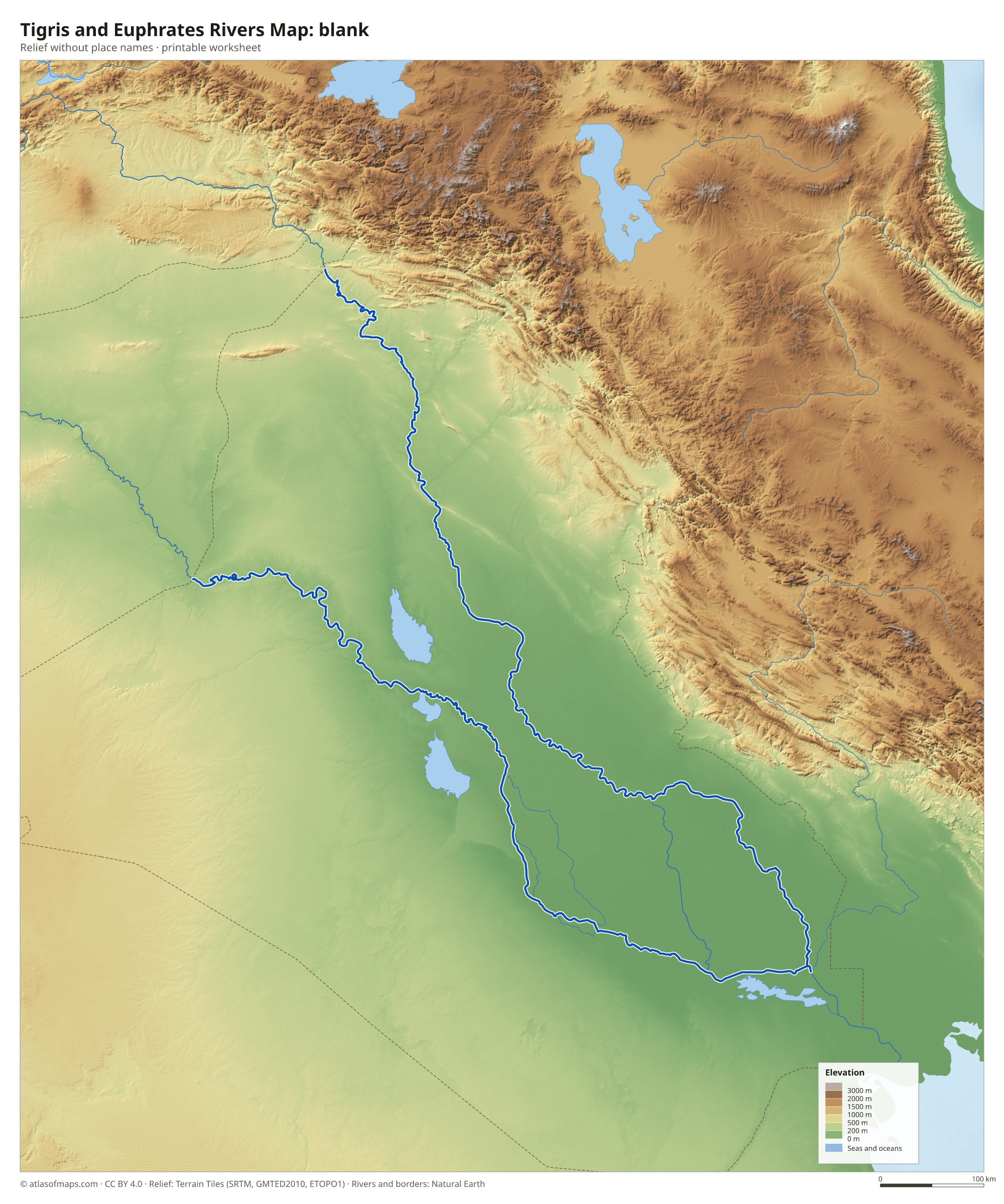 Tigris and Euphrates Rivers Map without names