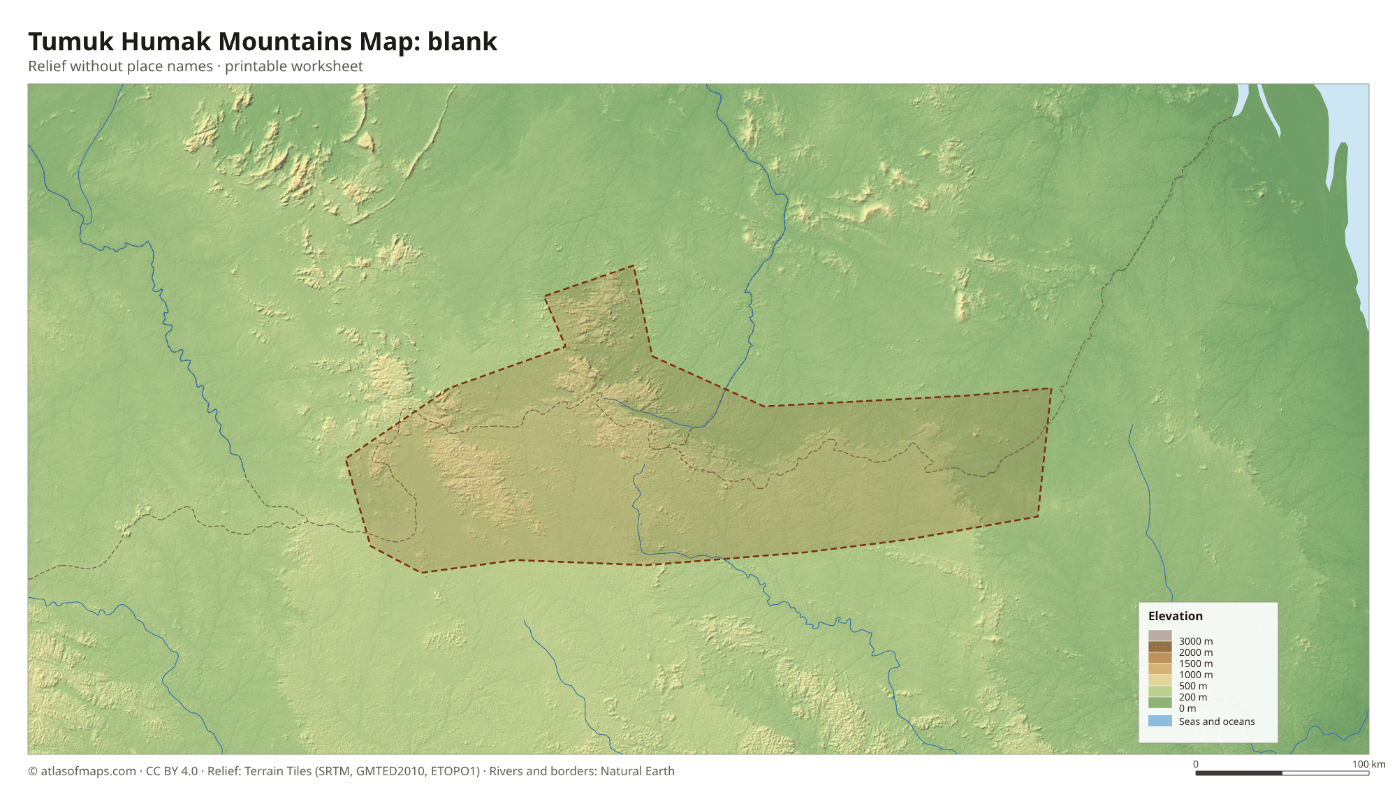 Tumuk Humak Mountains Map without names