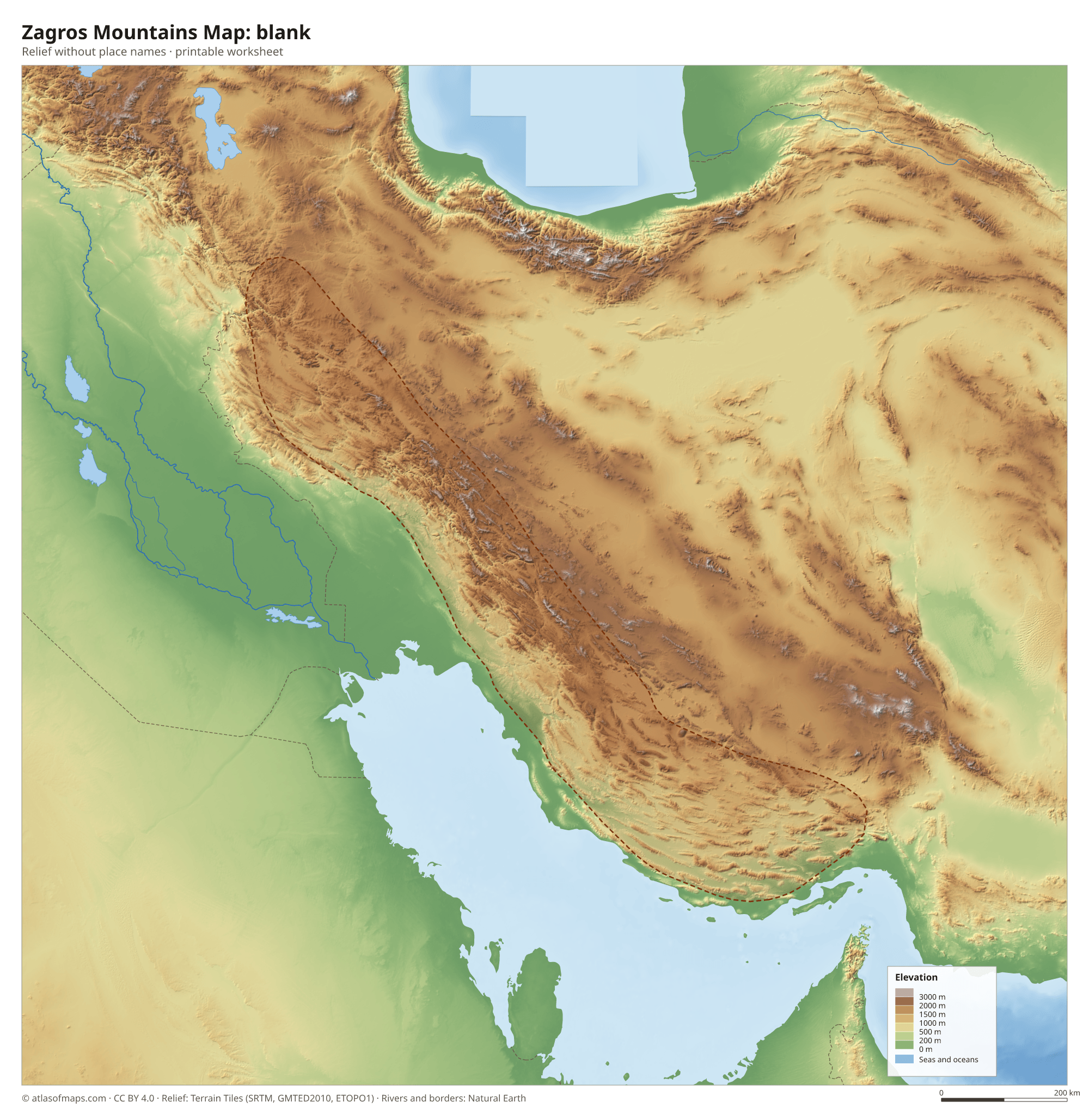 Zagros Mountains Map without names