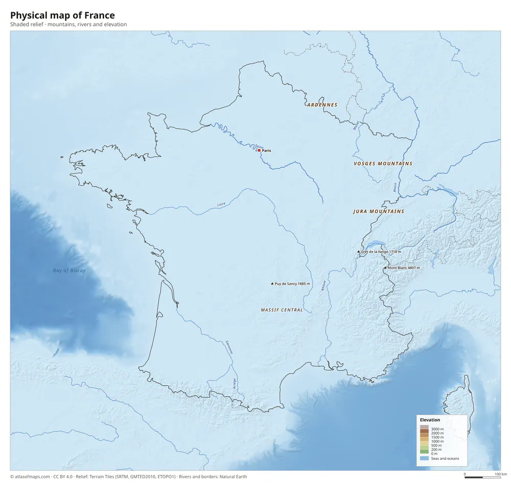 Physical map of France