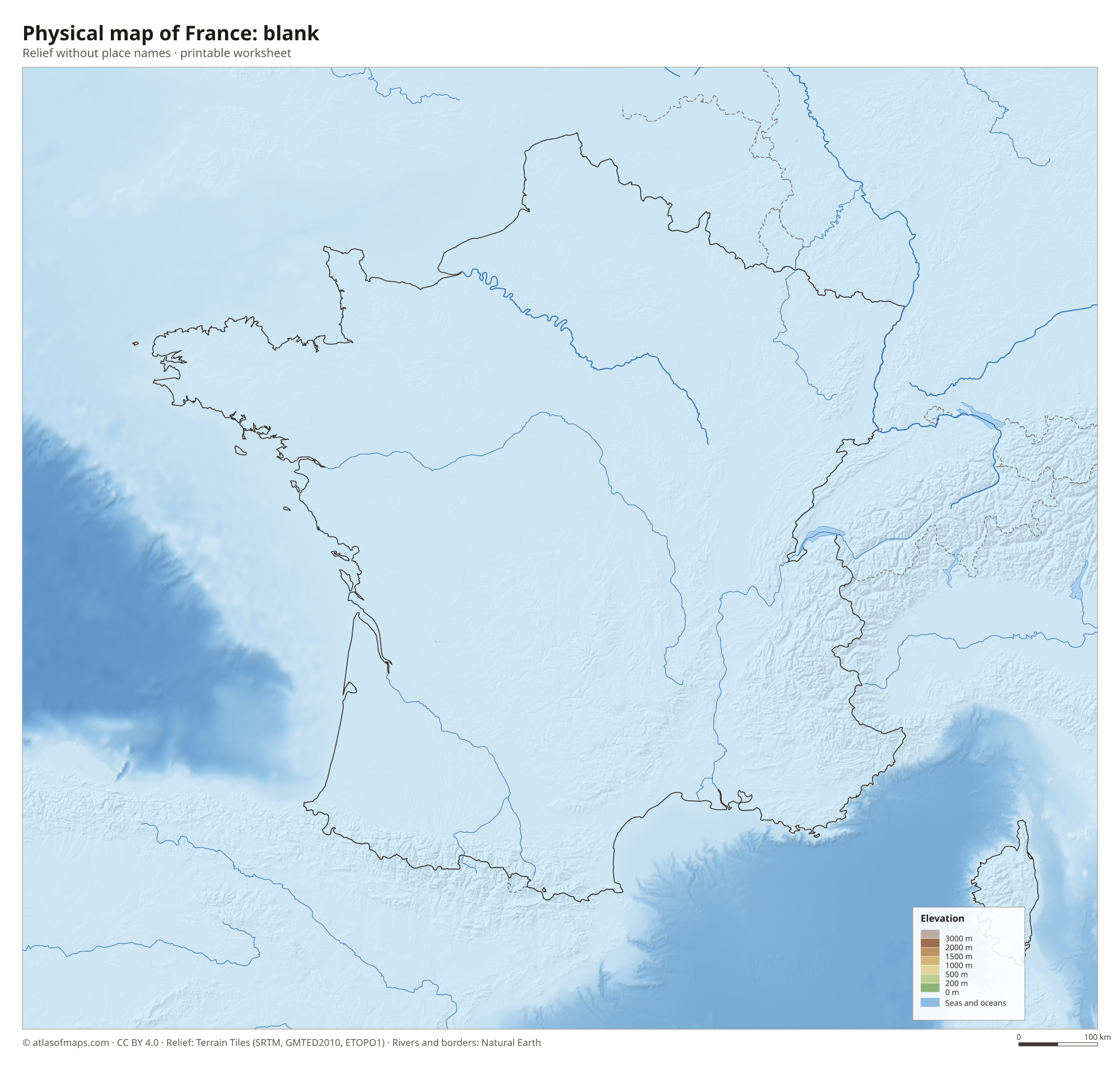 Physical map of France without names