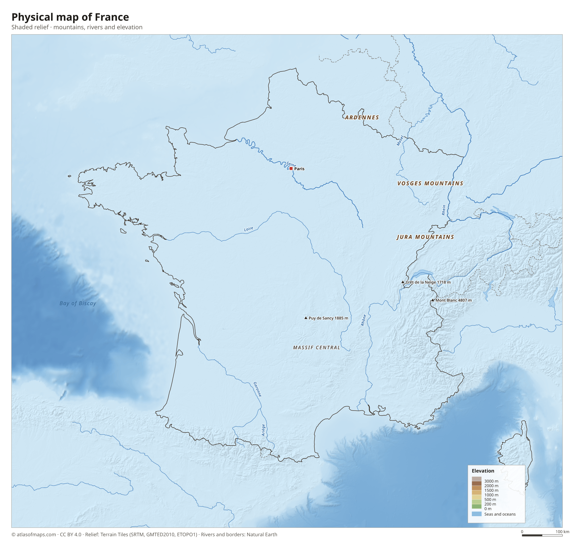 Physical map of France