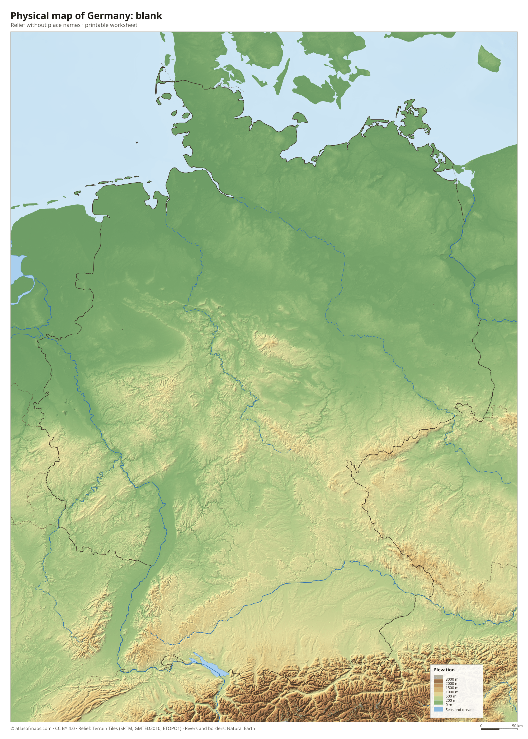 Physical map of Germany without names