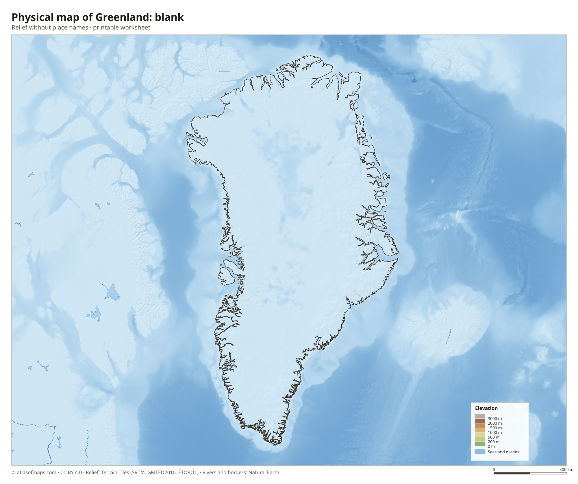 Physical map of Greenland without names