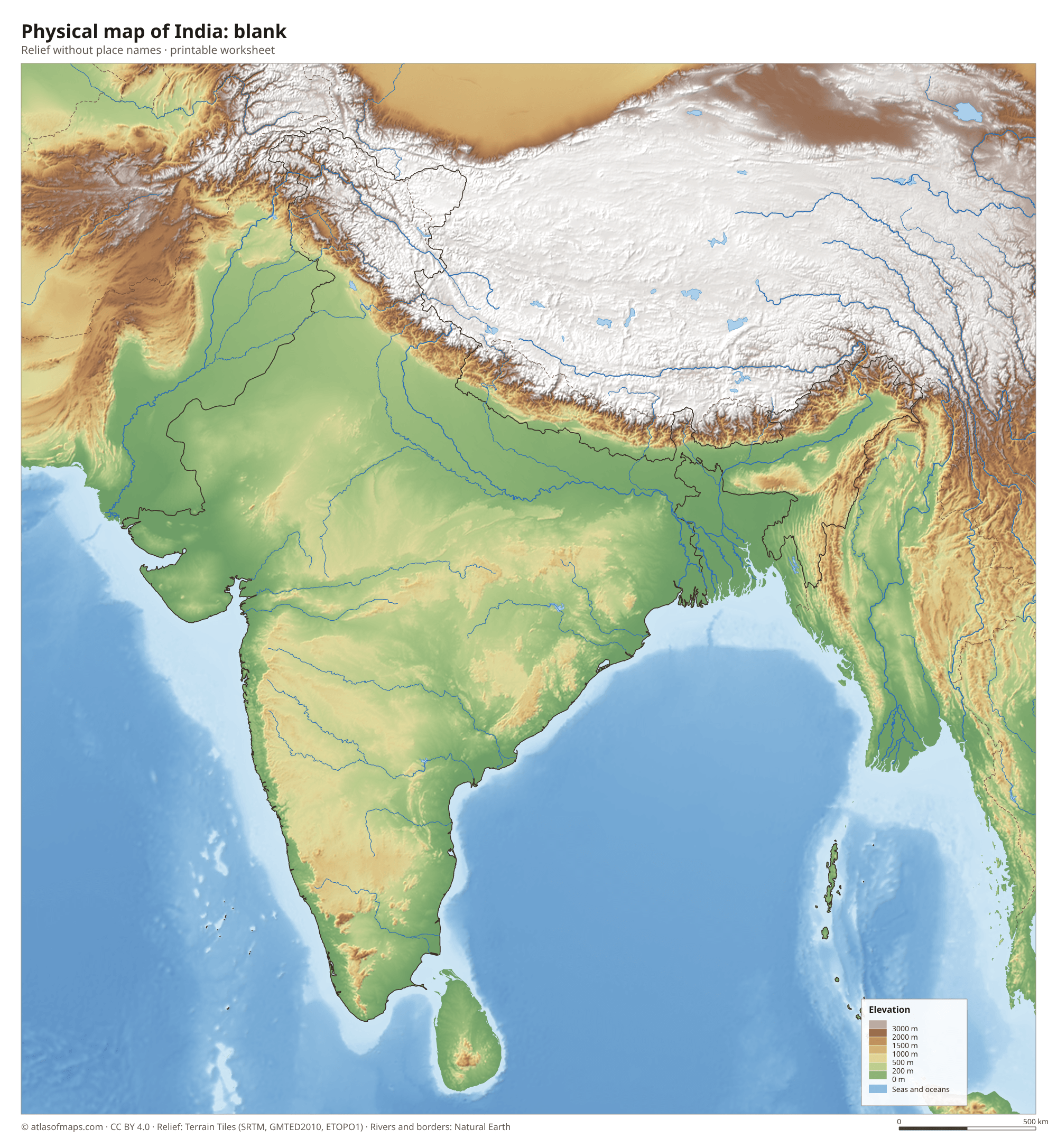 Physical map of India without names
