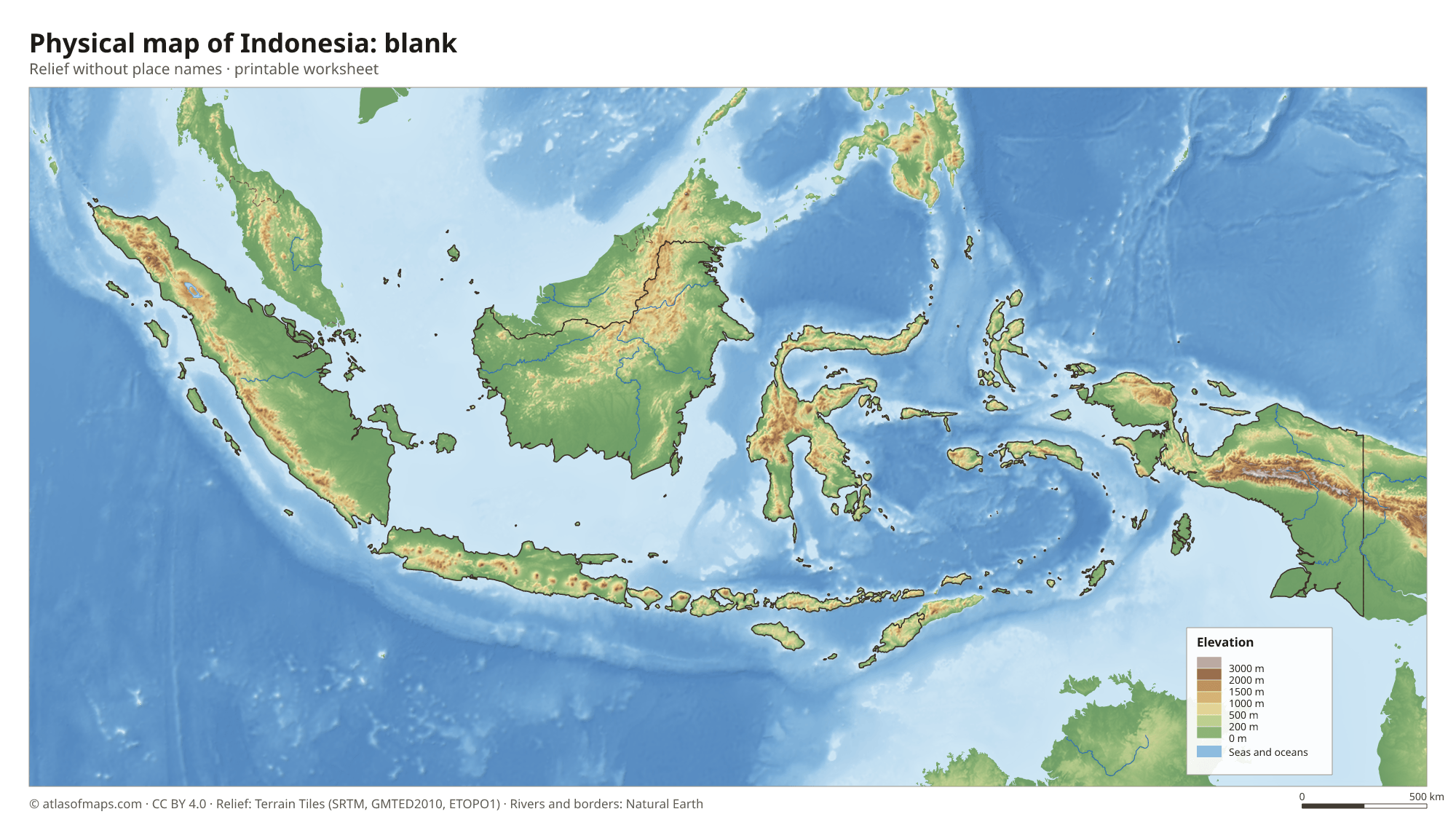 Physical map of Indonesia without names