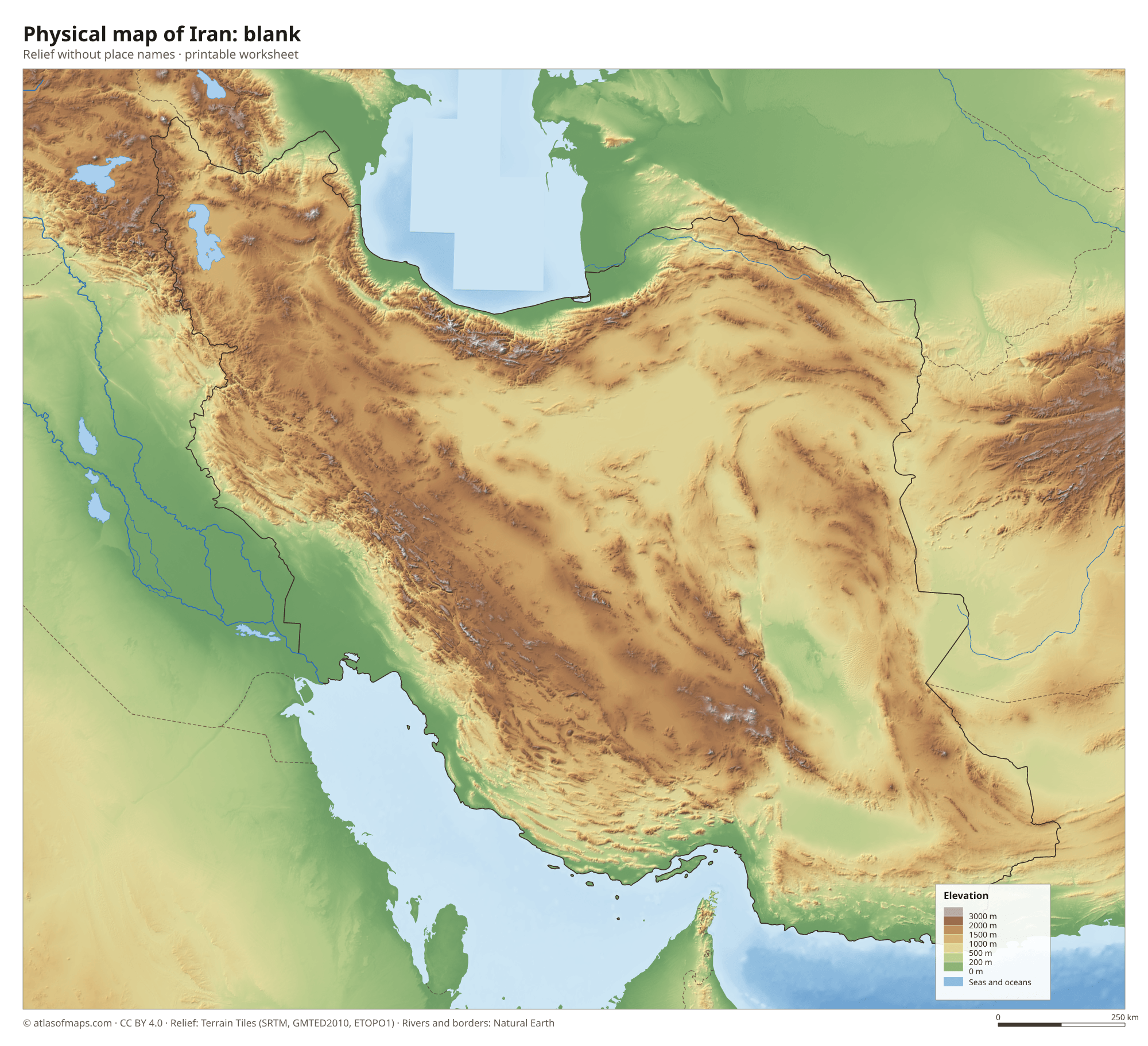 Physical map of Iran without names