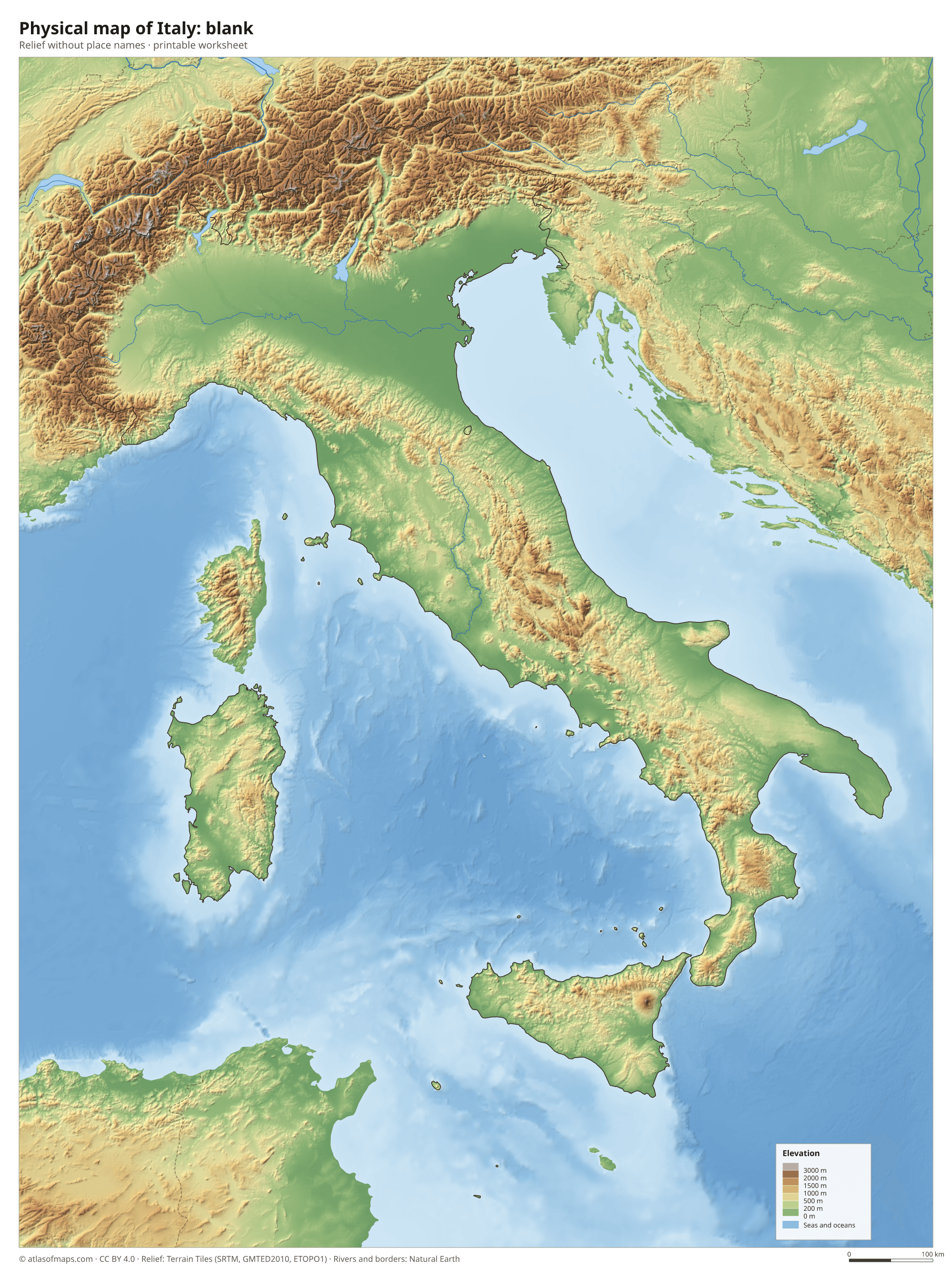 Physical map of Italy without names