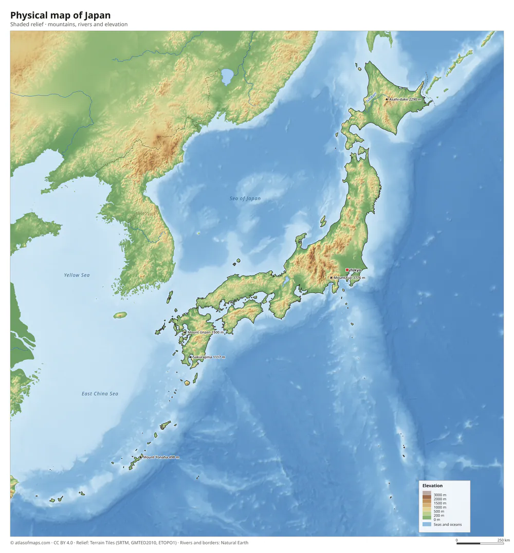 Physical map of Japan