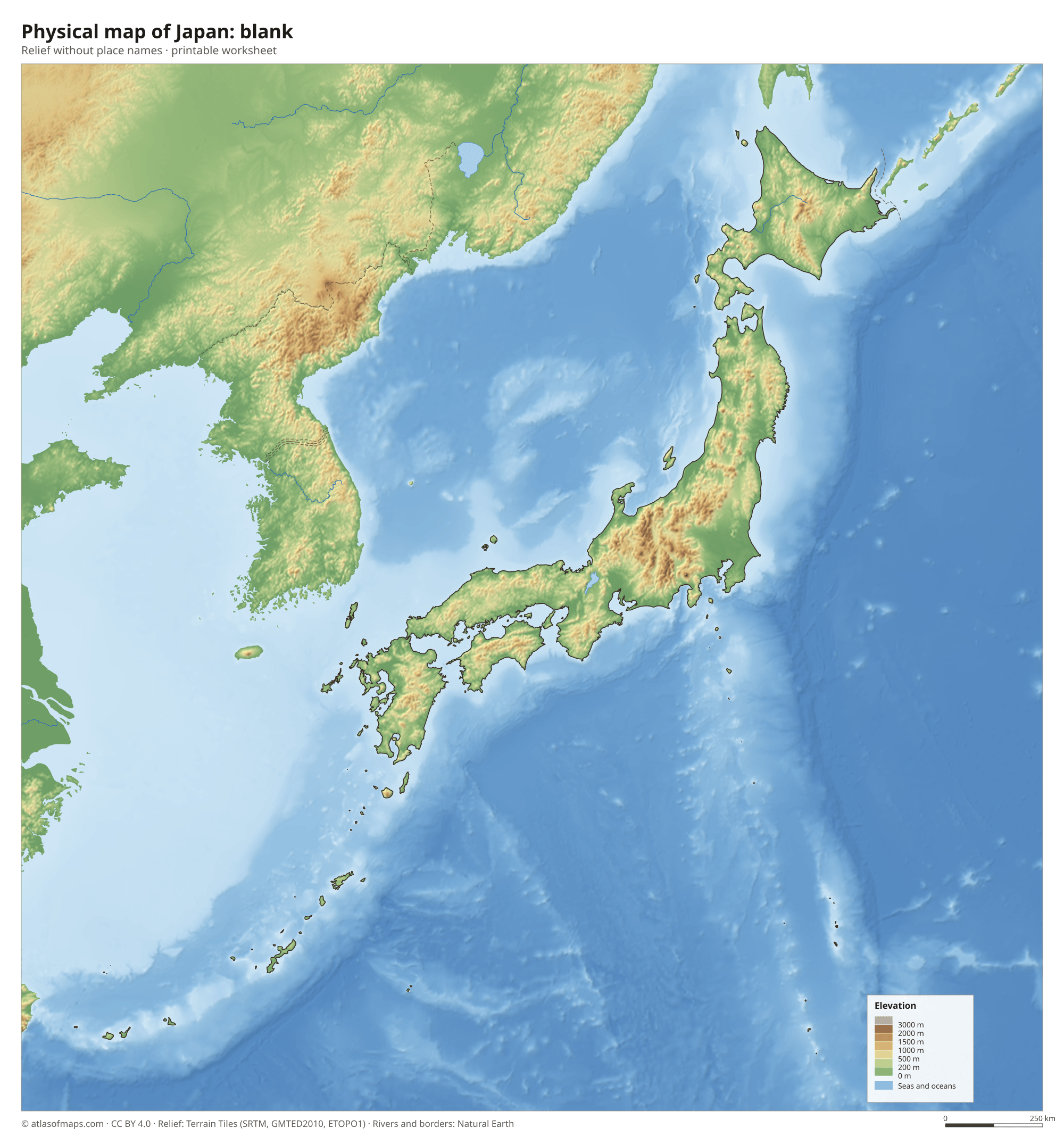 Physical map of Japan without names