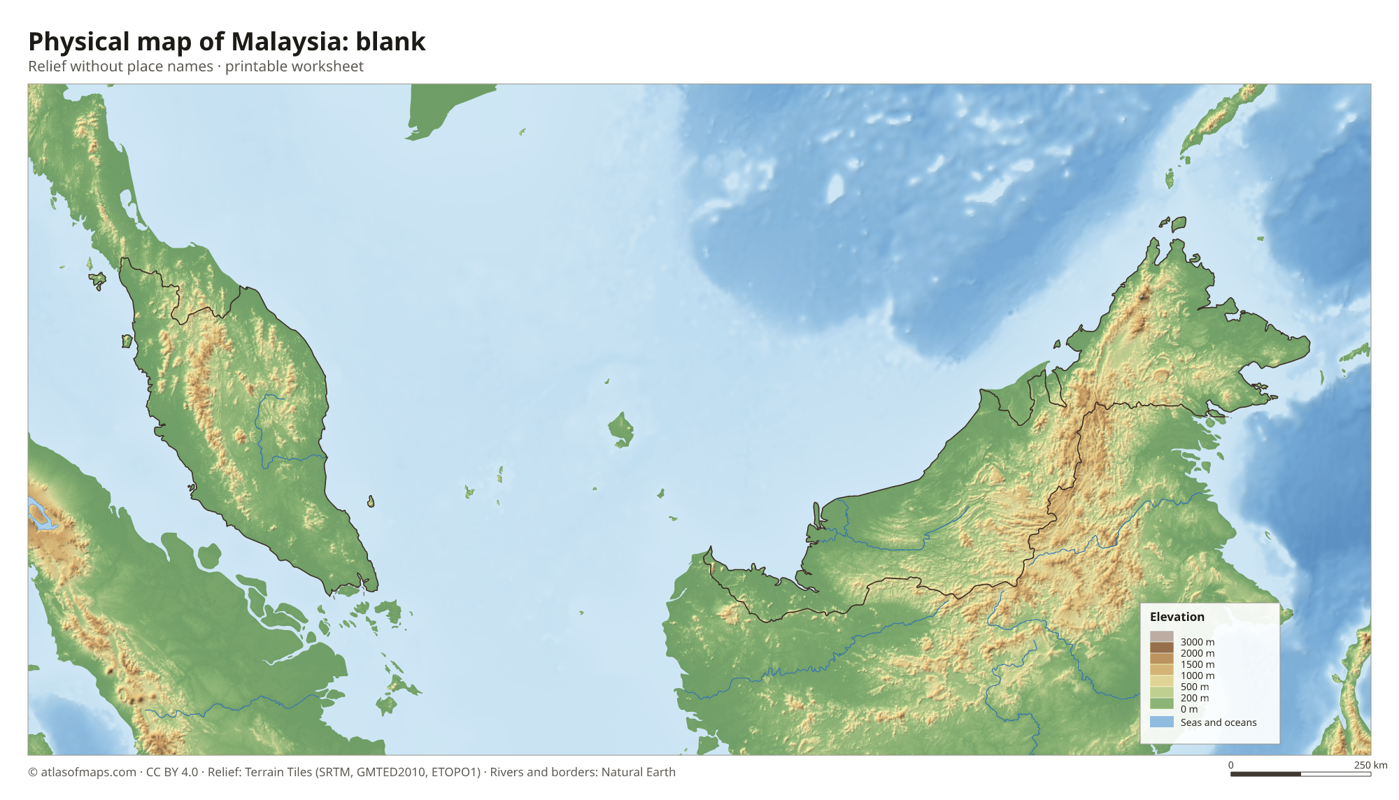 Physical map of Malaysia without names