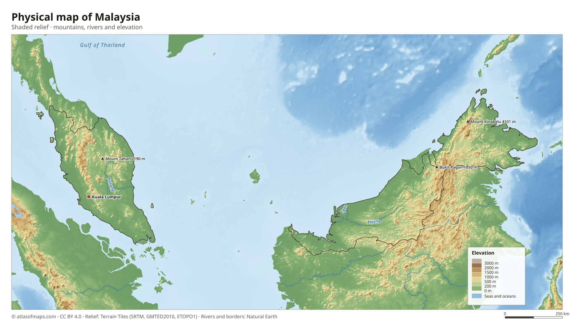 Physical map of Malaysia