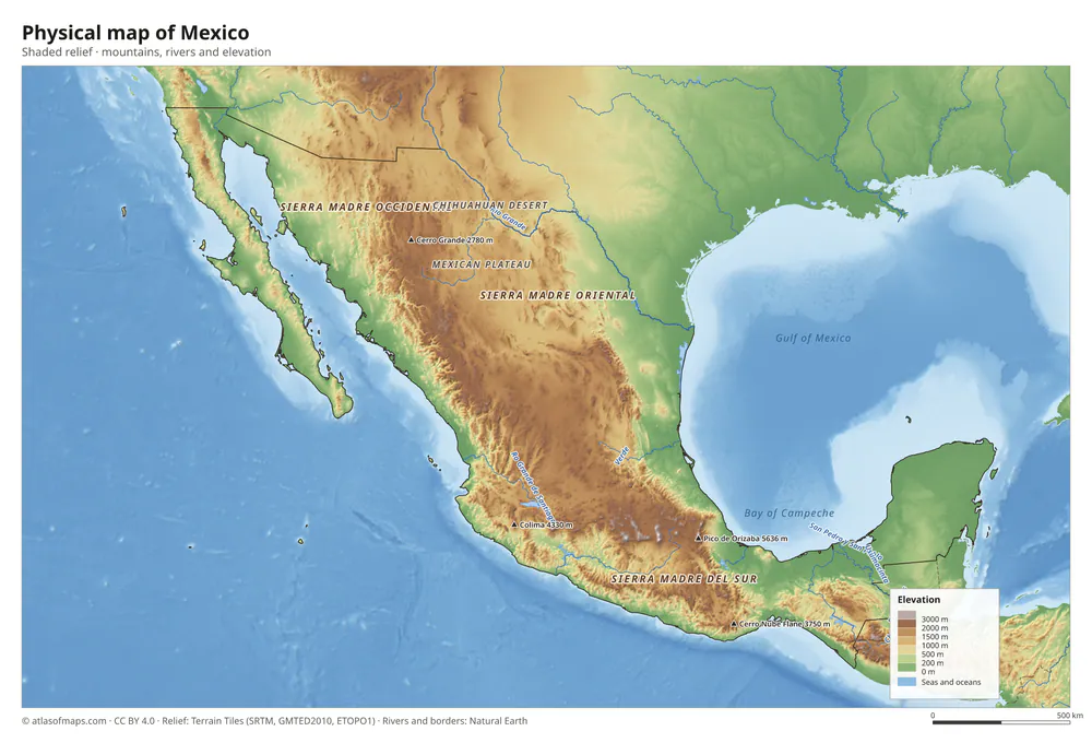 Physical map of Mexico